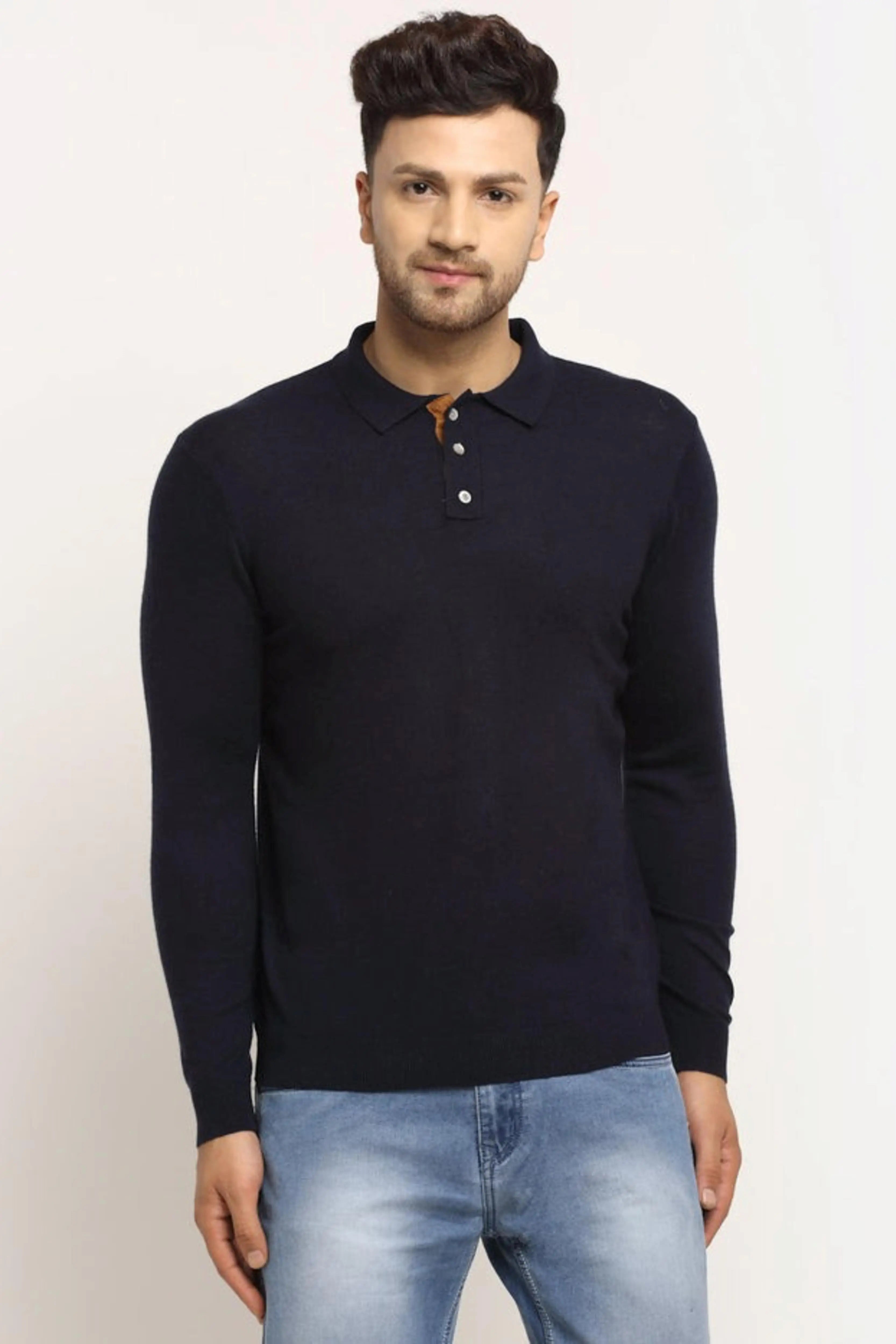 Men Navy Blue Polo Neck Knit Solid Pullover - Global Republic