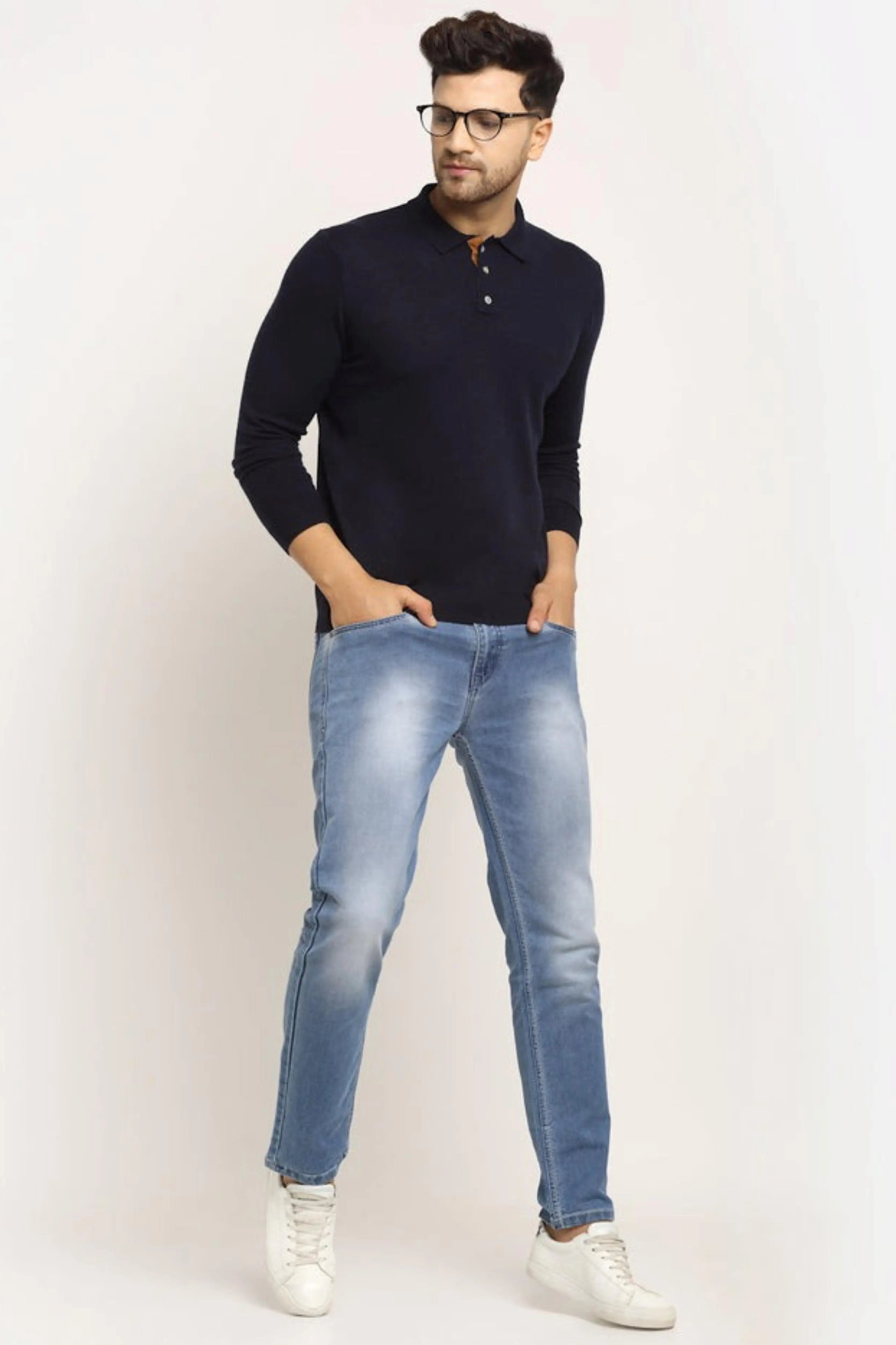Men Navy Blue Polo Neck Knit Solid Pullover - Global Republic