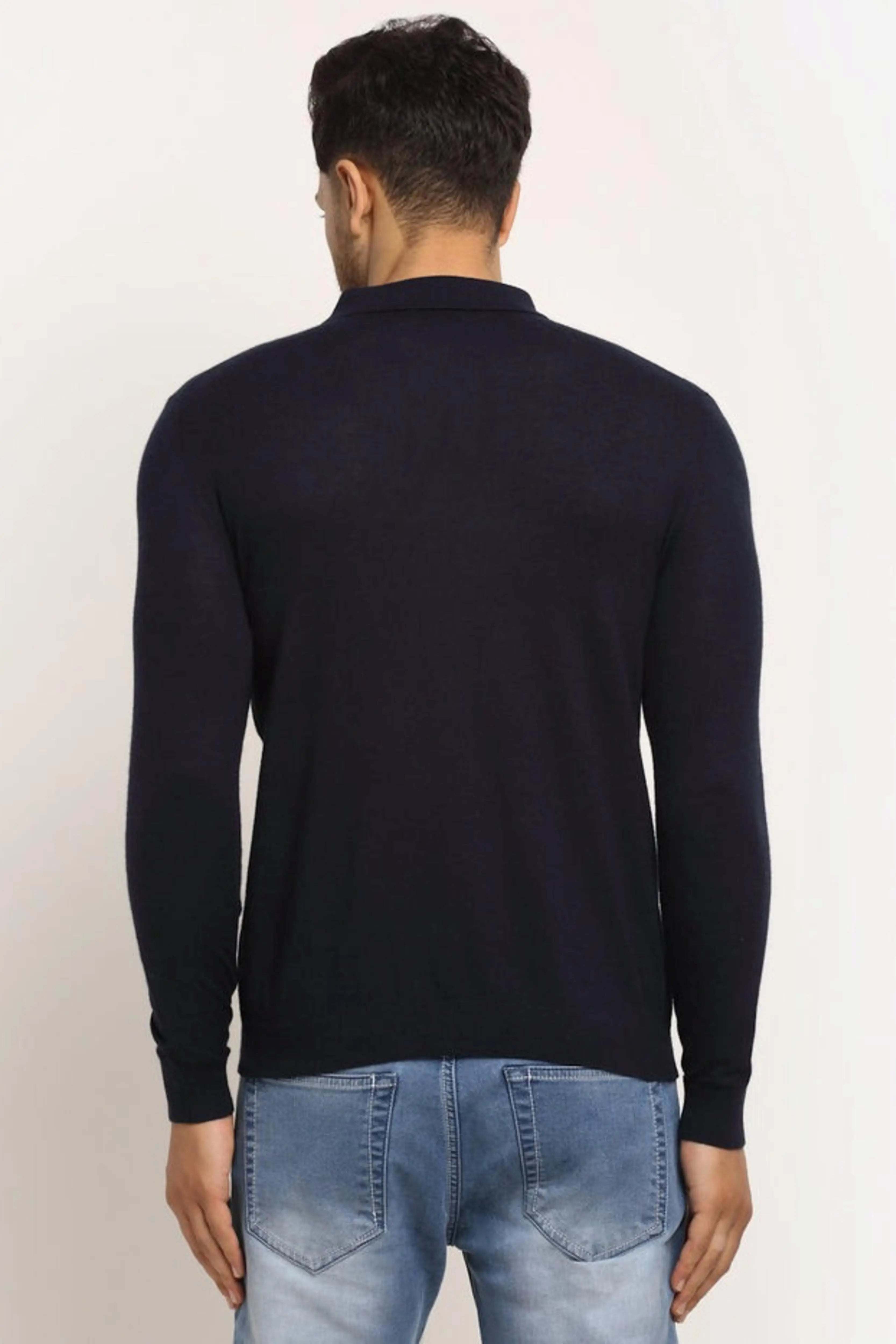 Men Navy Blue Polo Neck Knit Solid Pullover - Global Republic