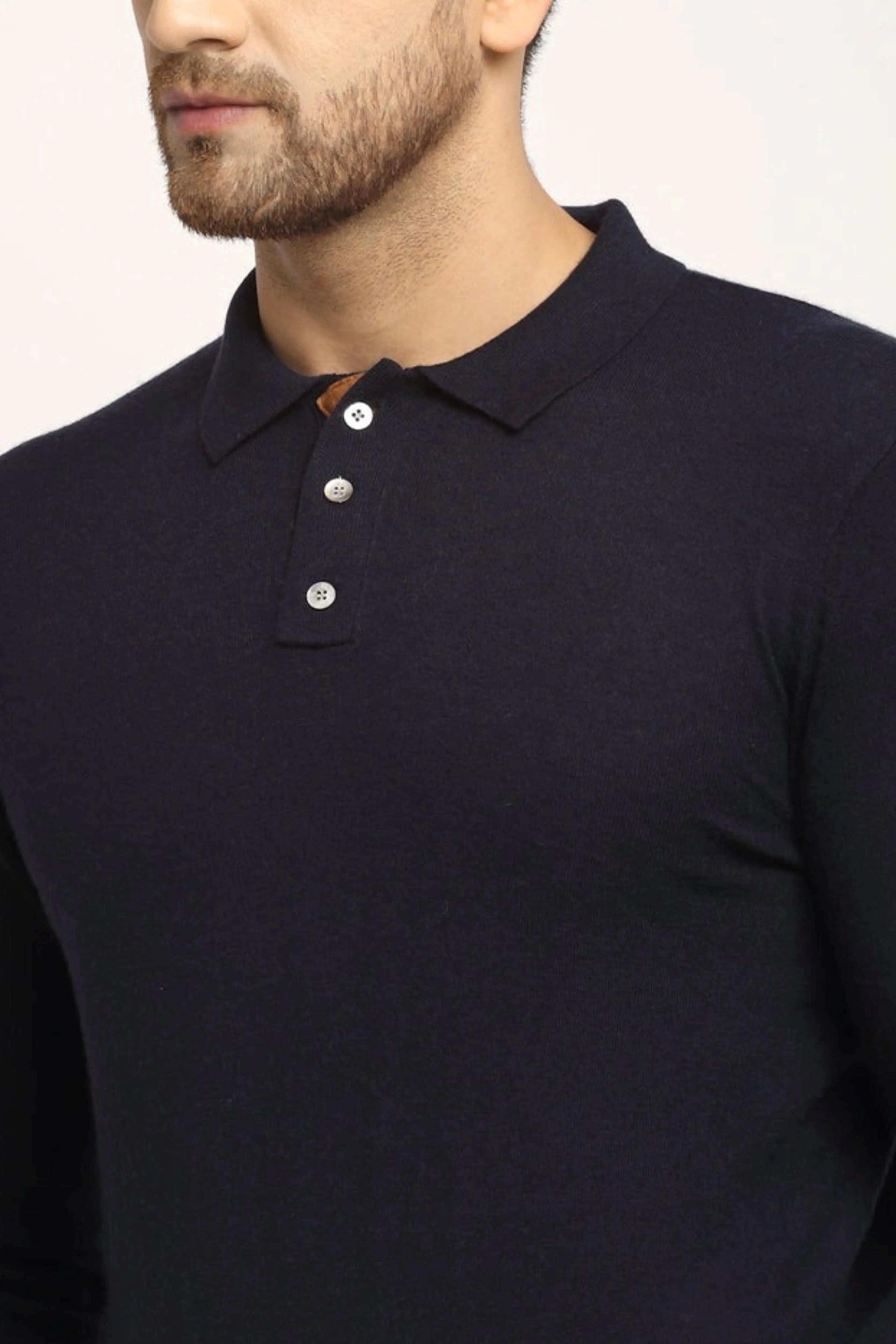 Men Navy Blue Polo Neck Knit Solid Pullover - Global Republic