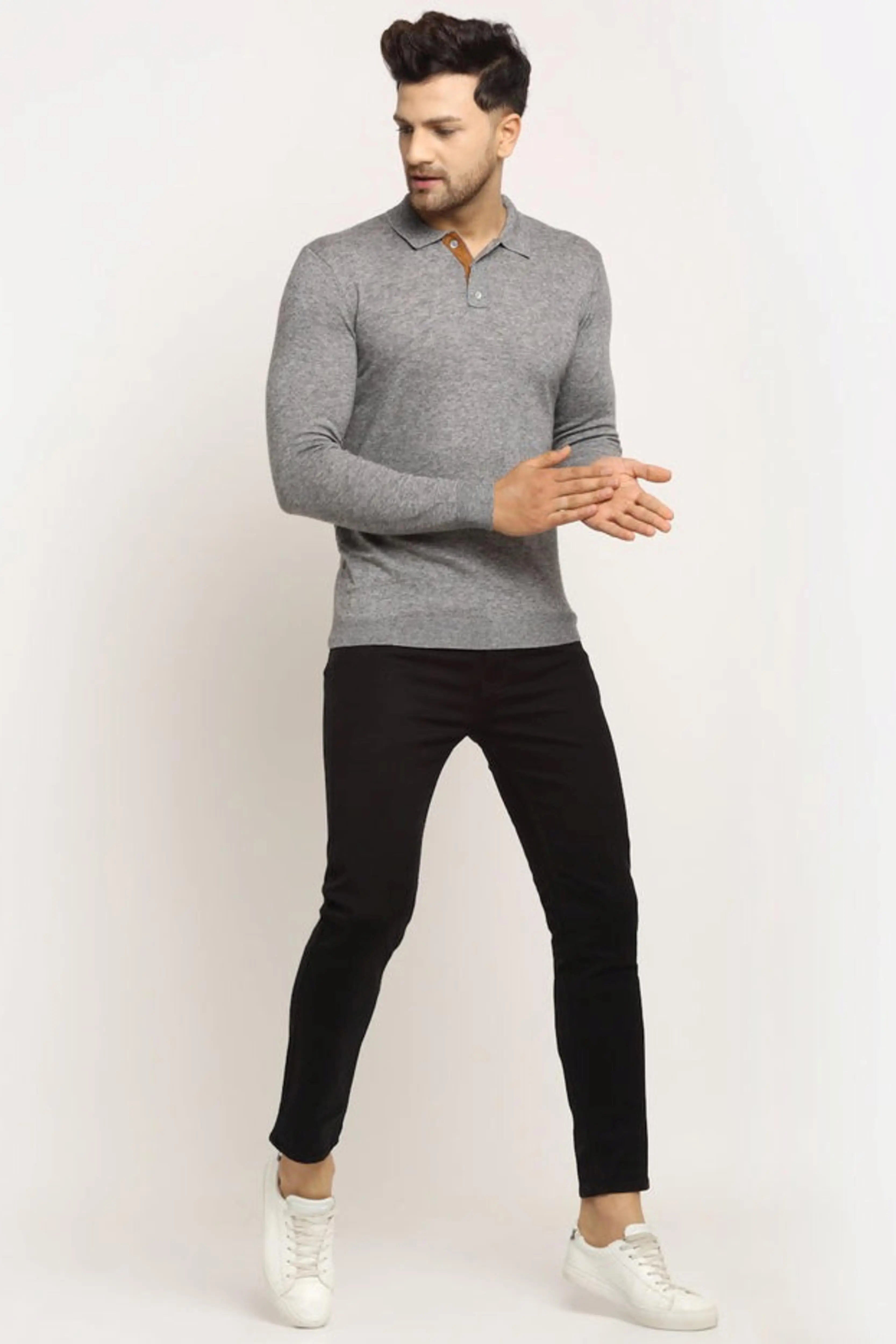 Men Grey Polo Neck Knit Solid Pullover - Global Republic