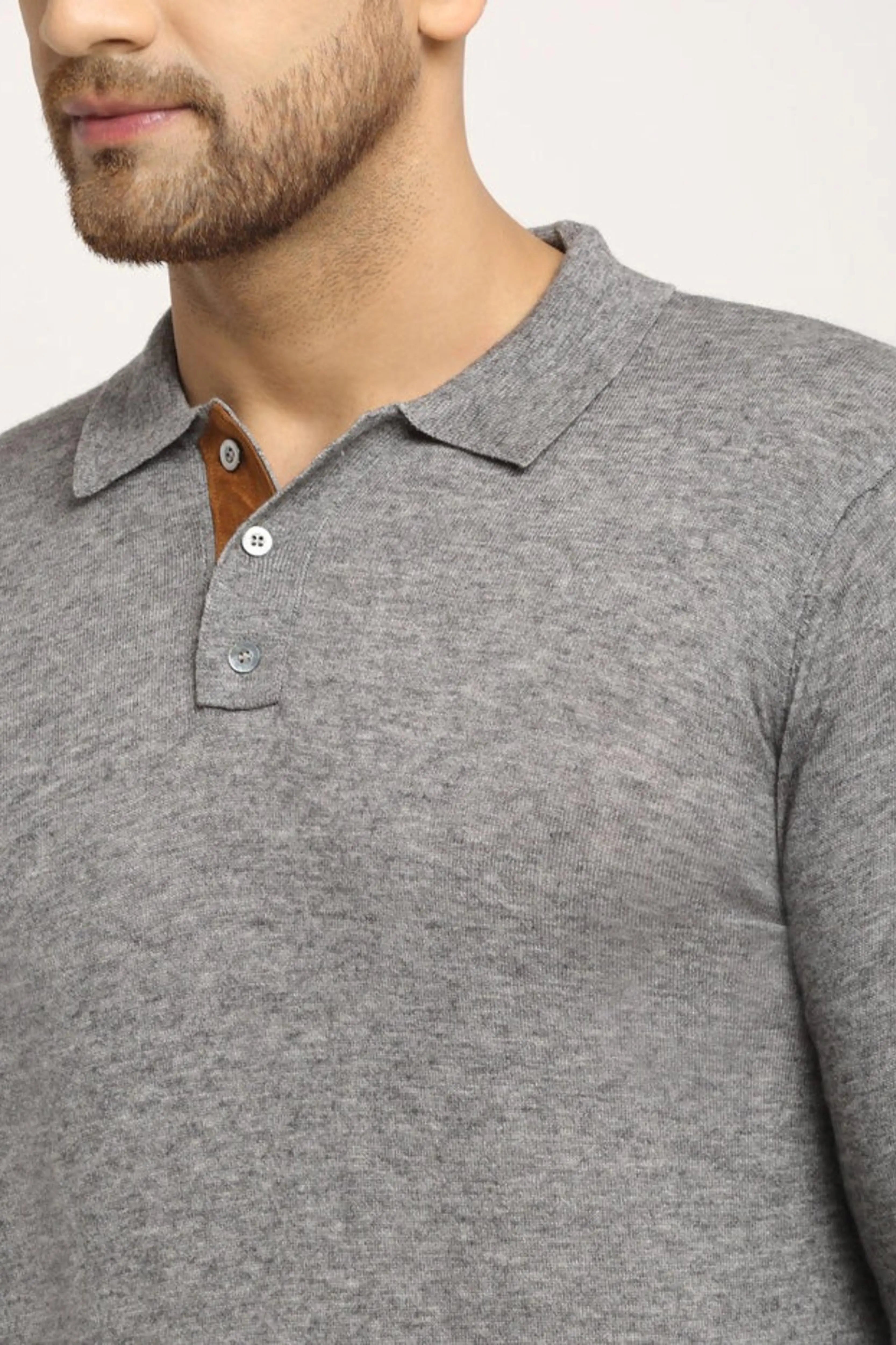 Men Grey Polo Neck Knit Solid Pullover - Global Republic