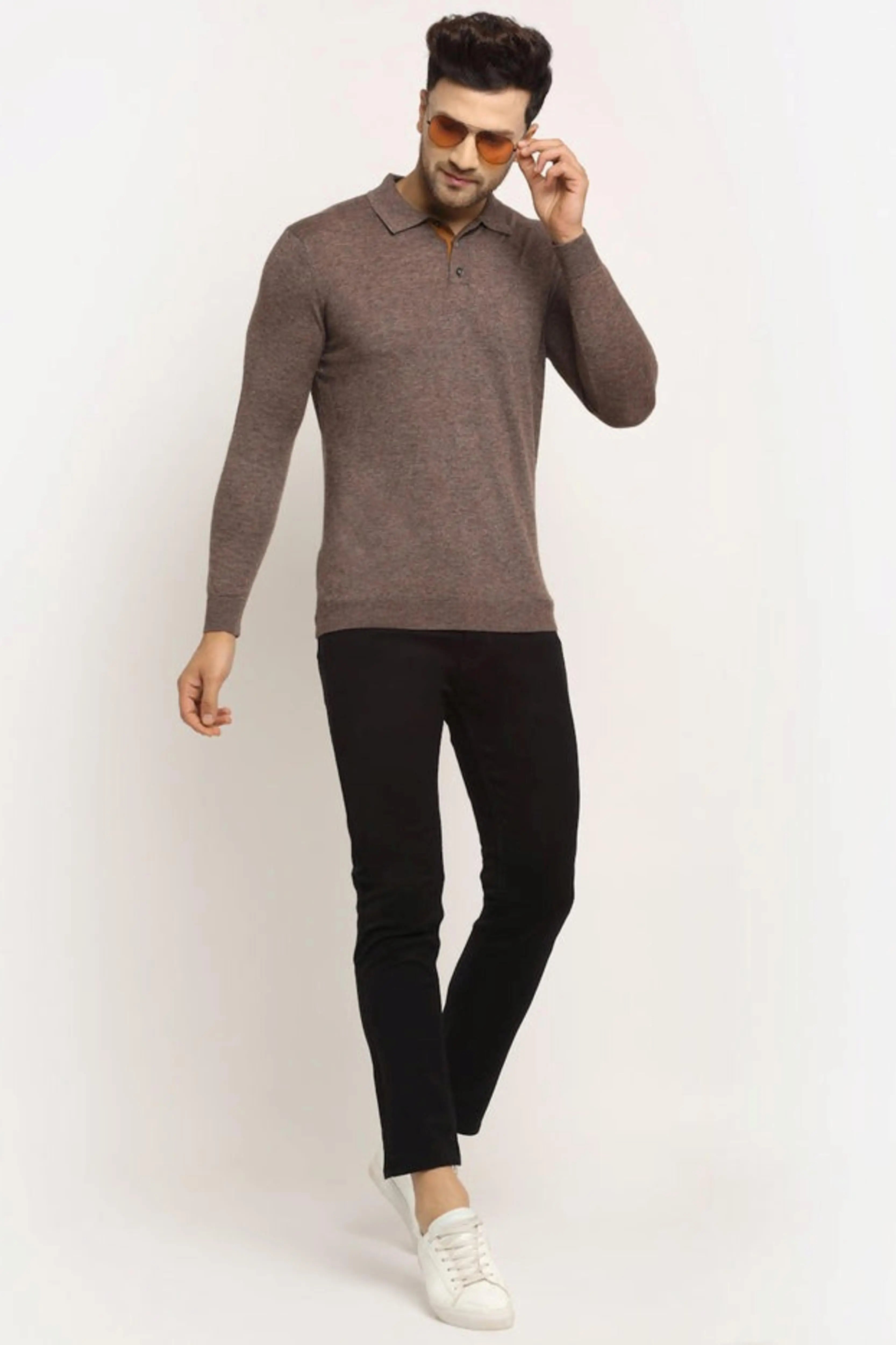 Men Brown Polo Neck Knit Solid Pullover