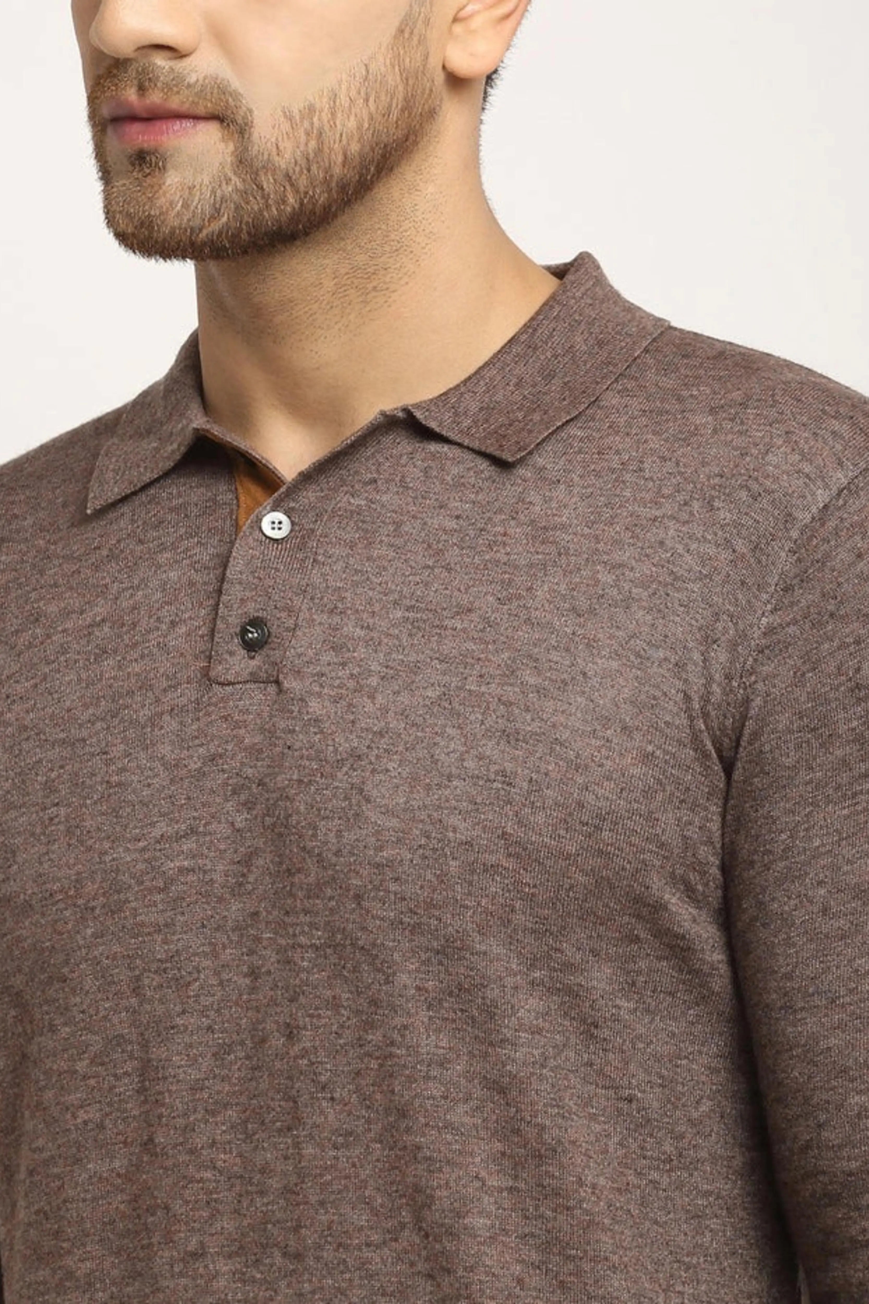 Men Brown Polo Neck Knit Solid Pullover