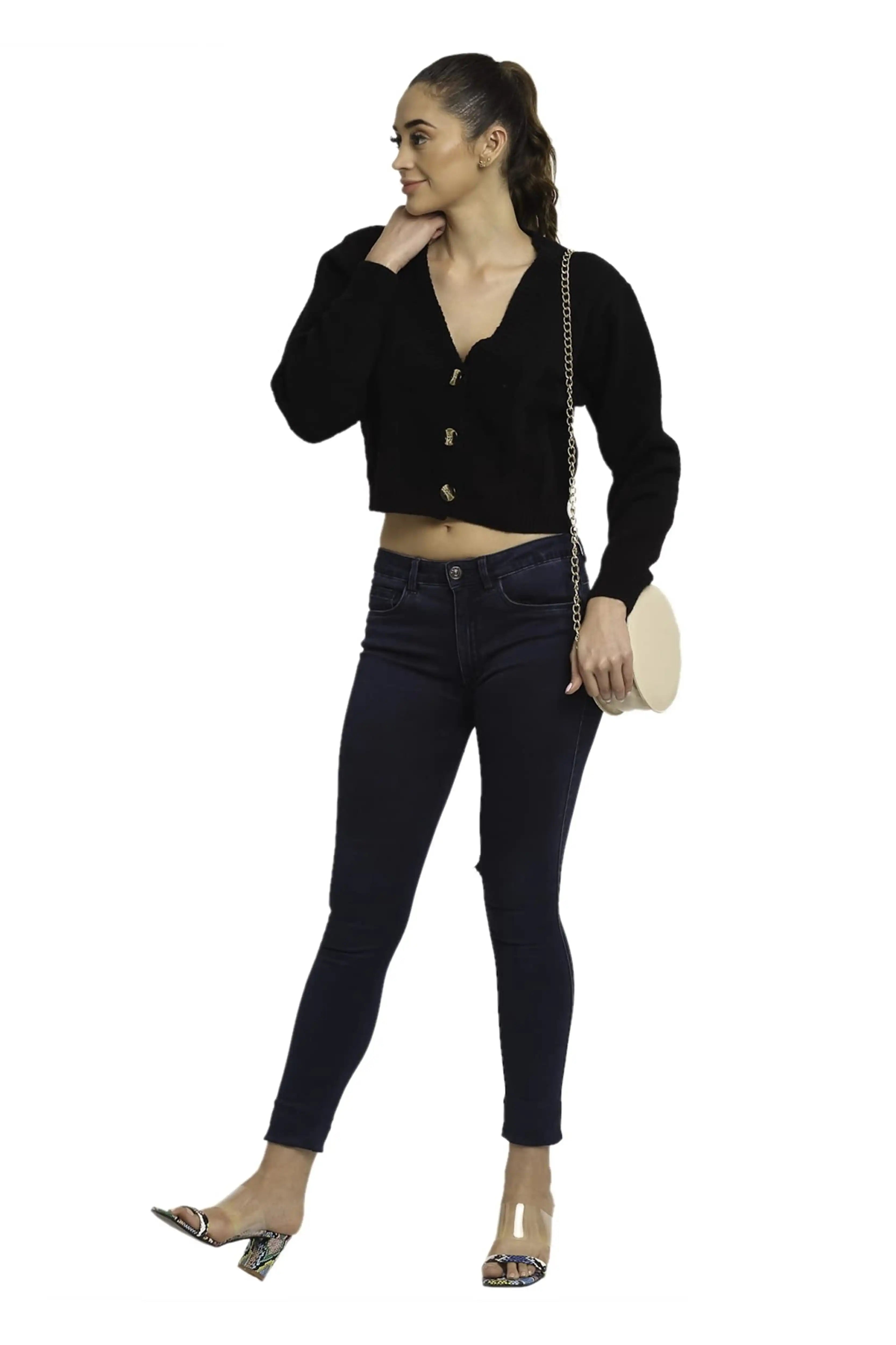 Black Solid Acrylic Crop Cardigan