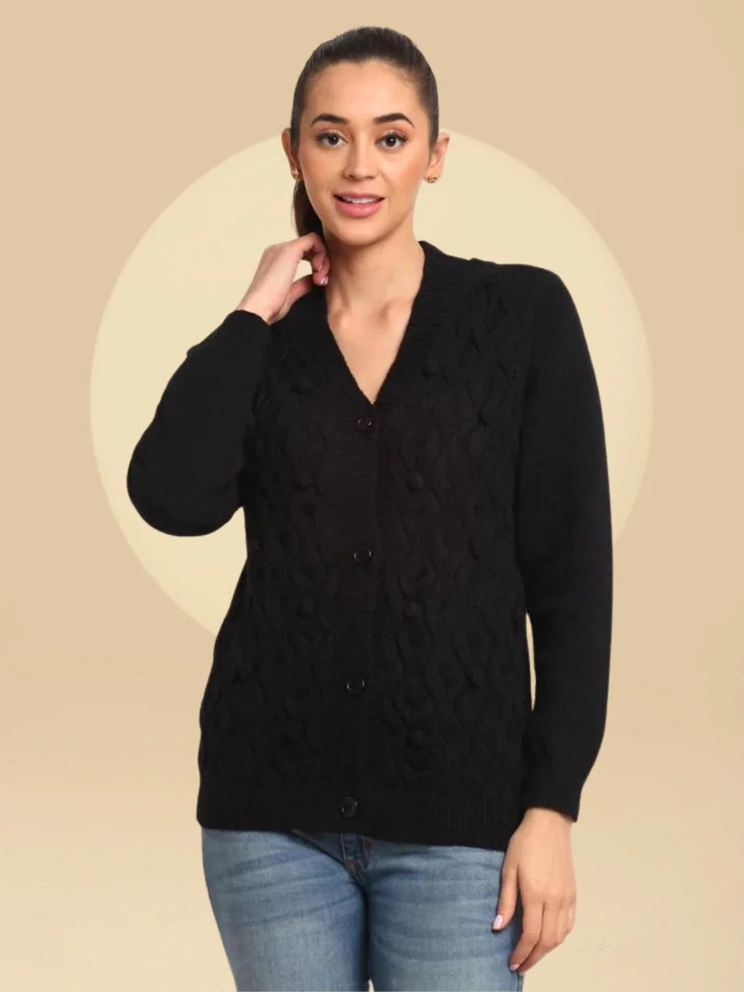 Women Black V Neck Knitted Solid Hip Length Cardigan