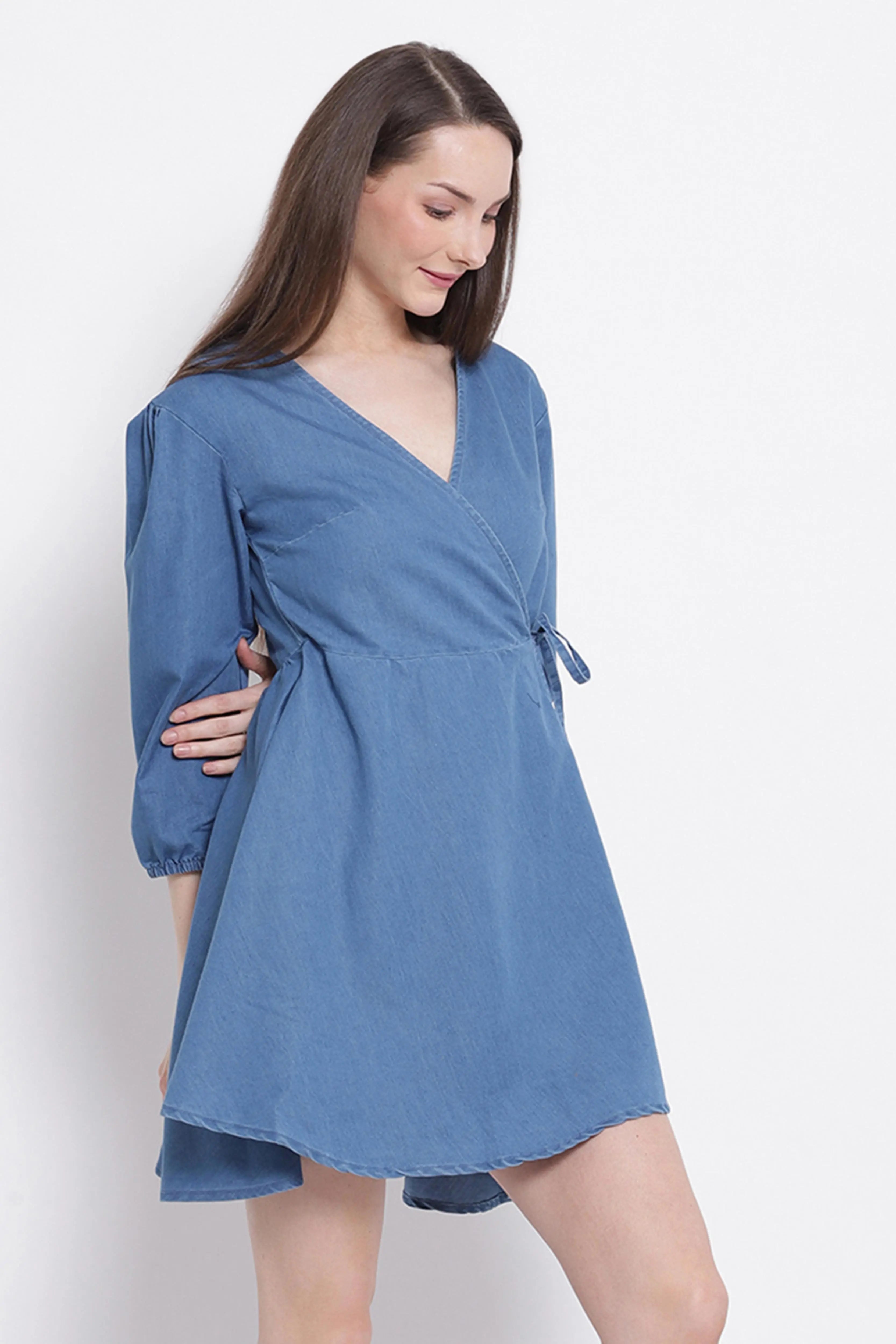 women light blue denim solid denim dress