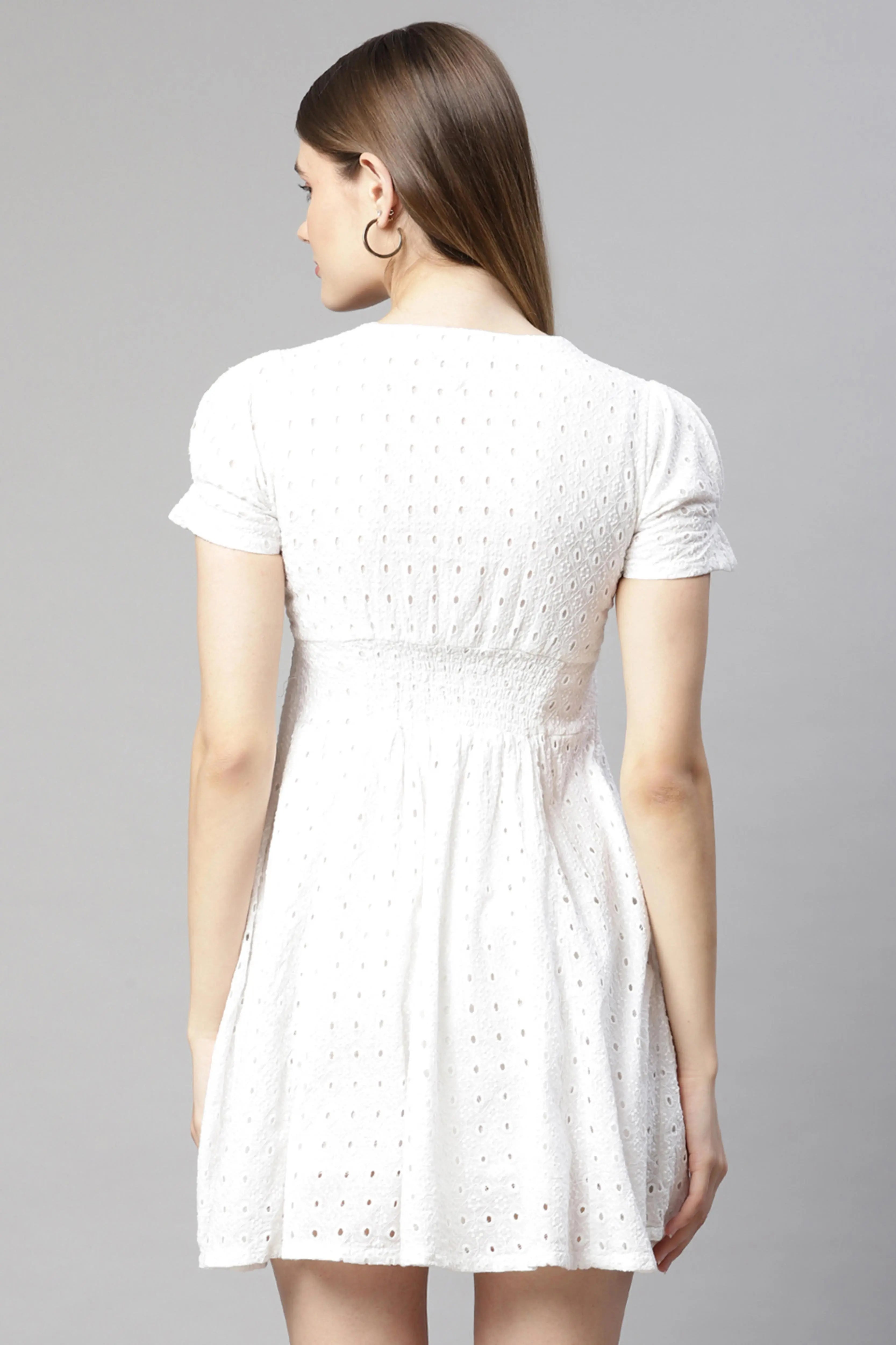 Women White Schiffli Cotton Skater Dress