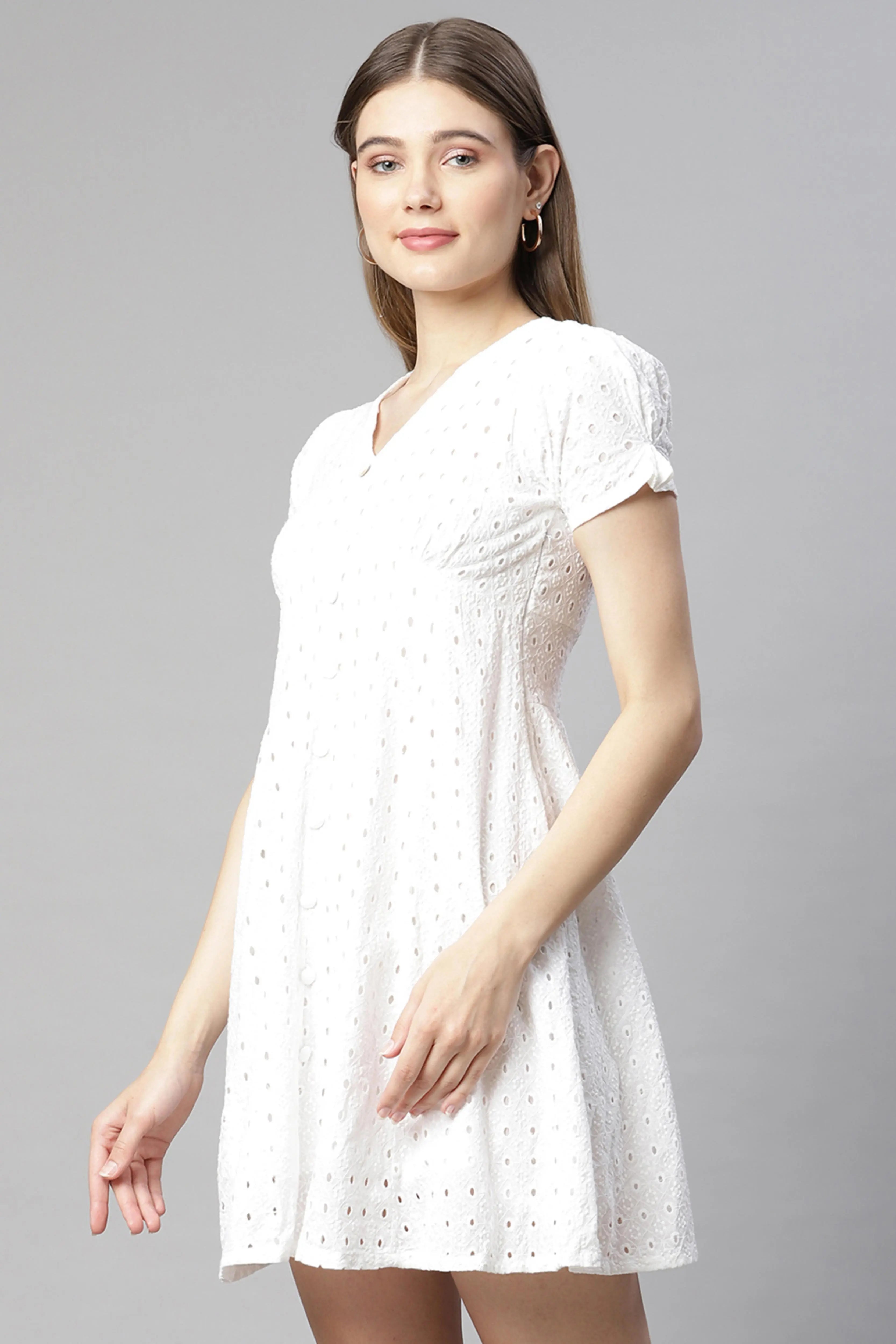 Women White Schiffli Cotton Skater Dress