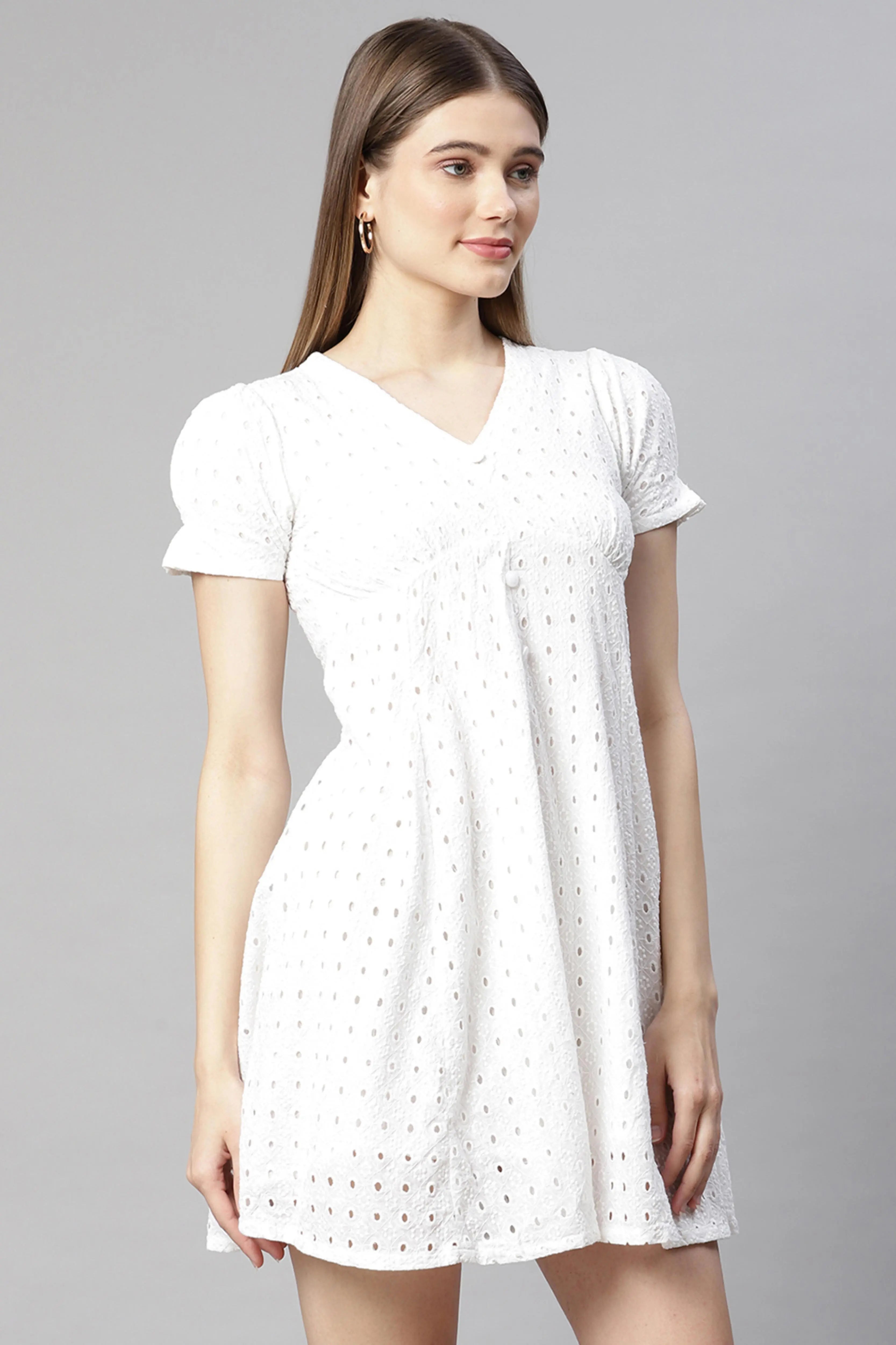 Women White Schiffli Cotton Skater Dress