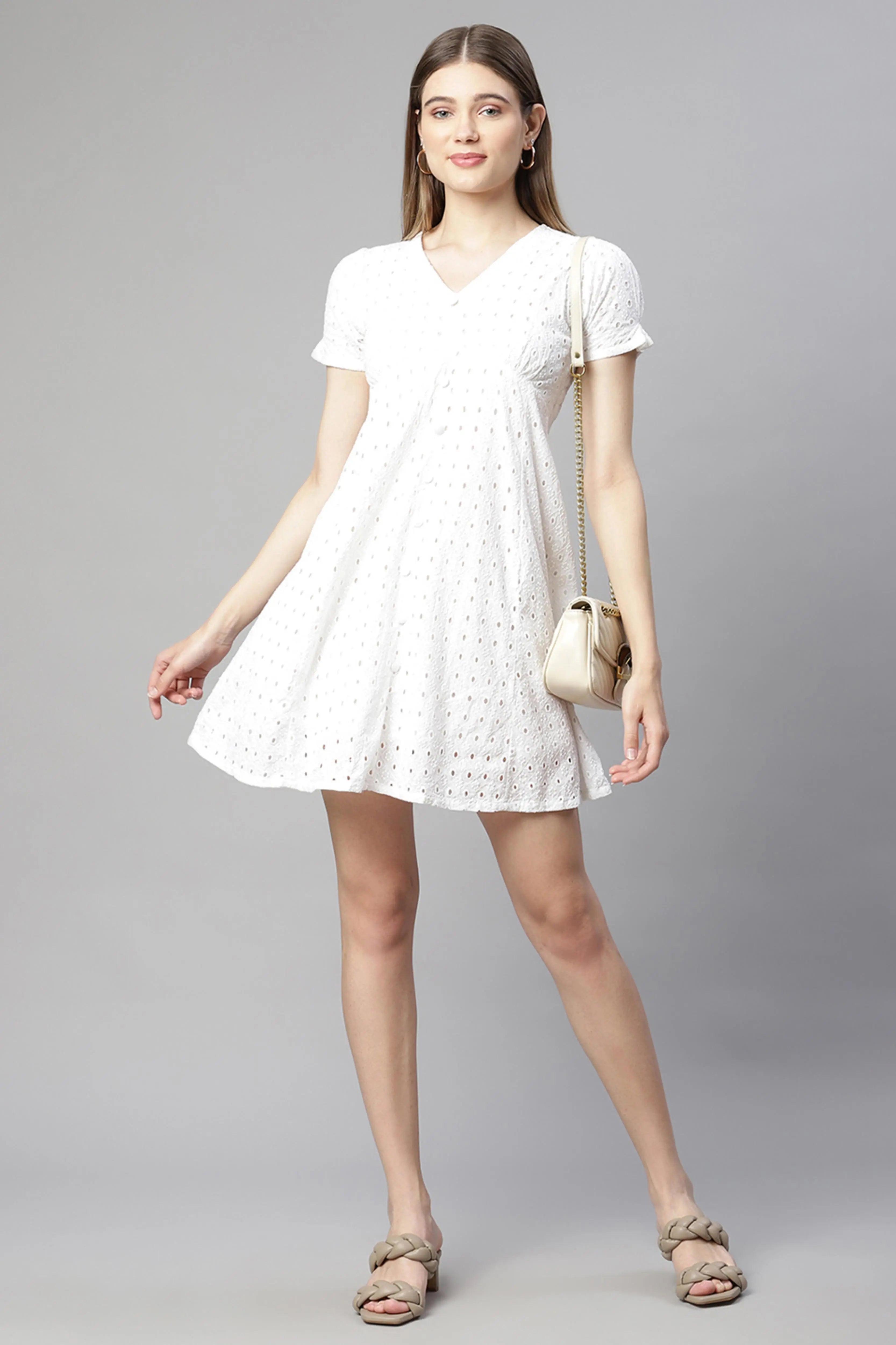 Women White Schiffli Cotton Skater Dress