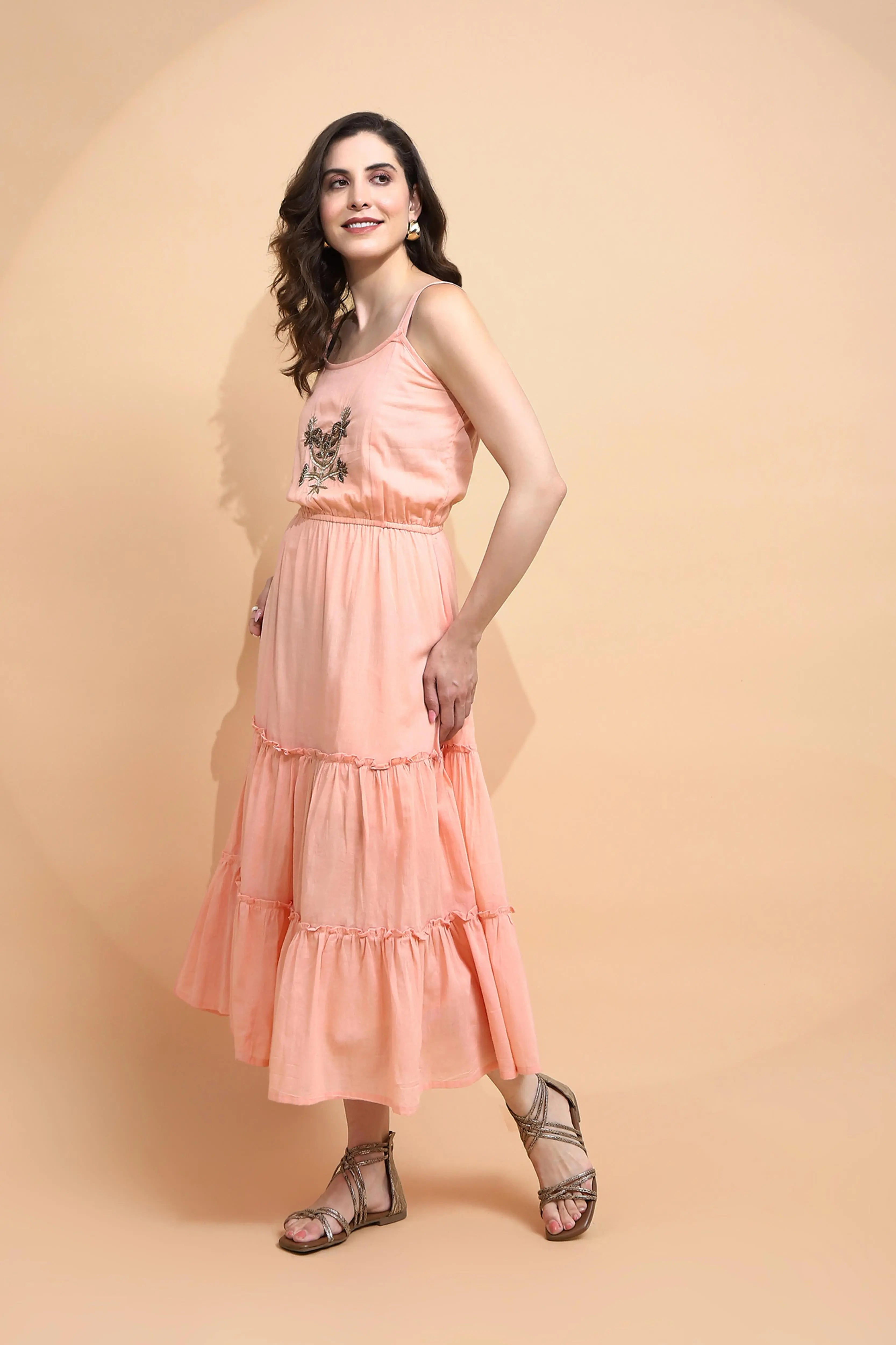 Peach Cotton Regular Fit Dress - Global Republic