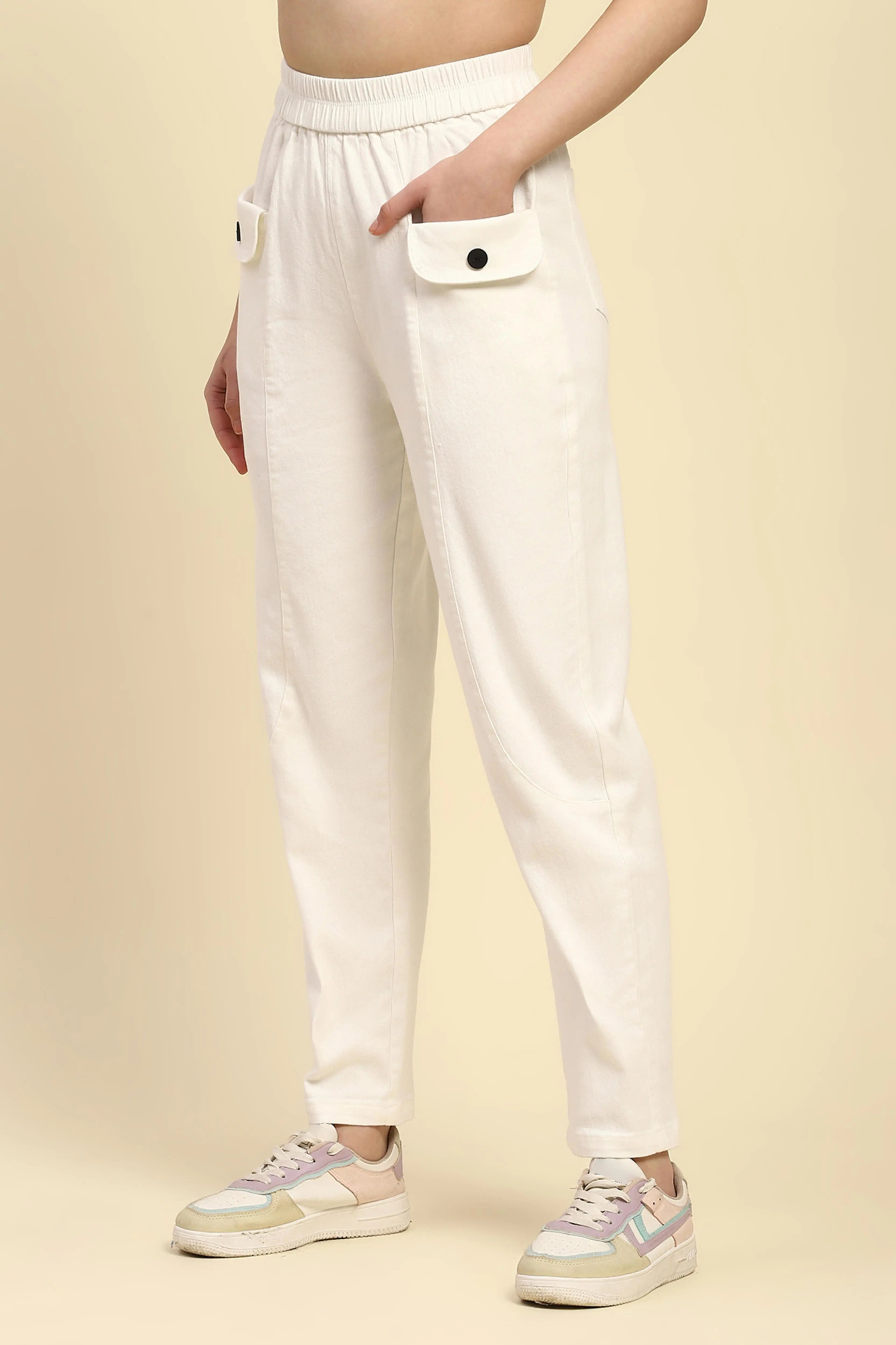 White Cotton Regular Fit Trouser