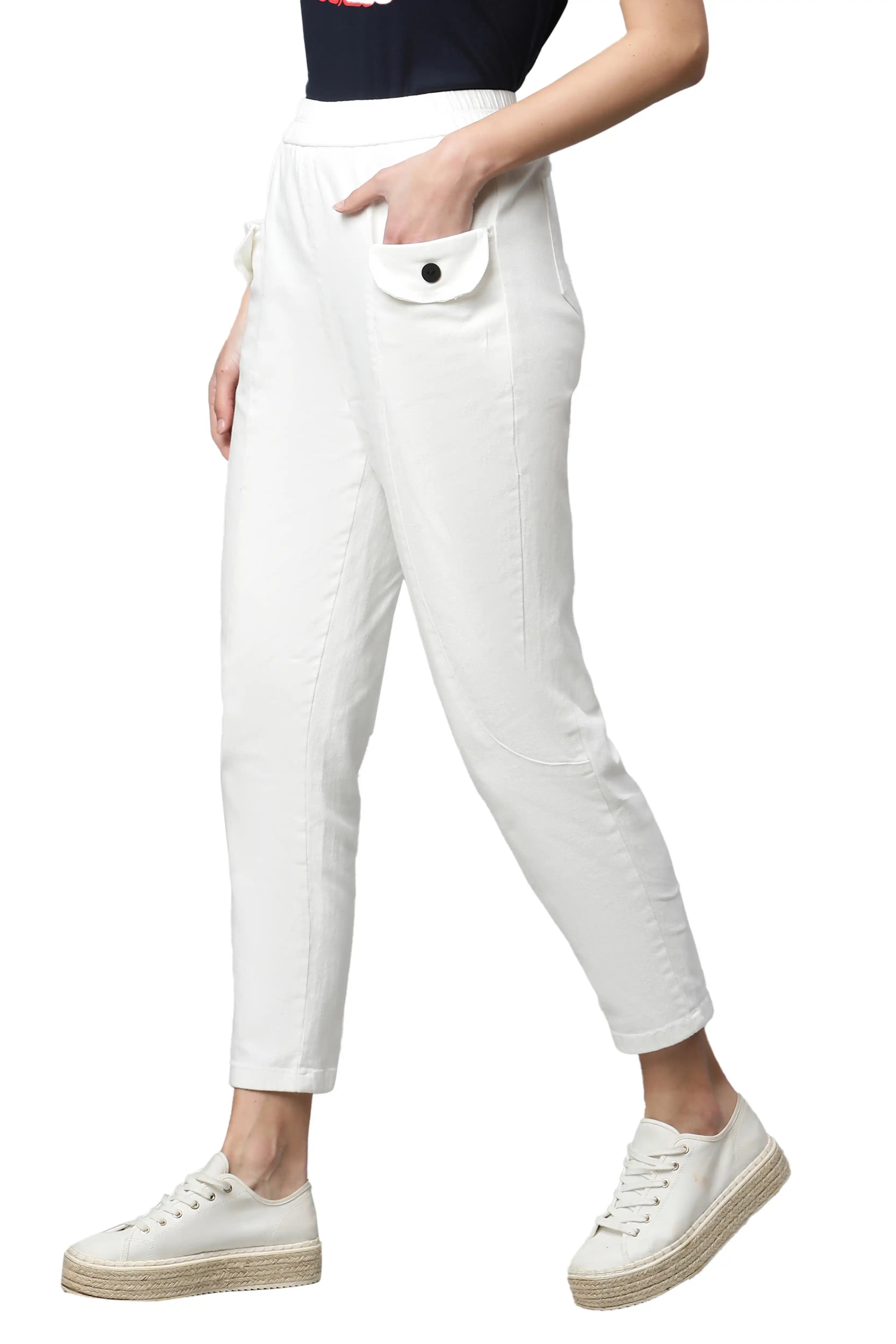 White Cotton Regular Fit Trouser