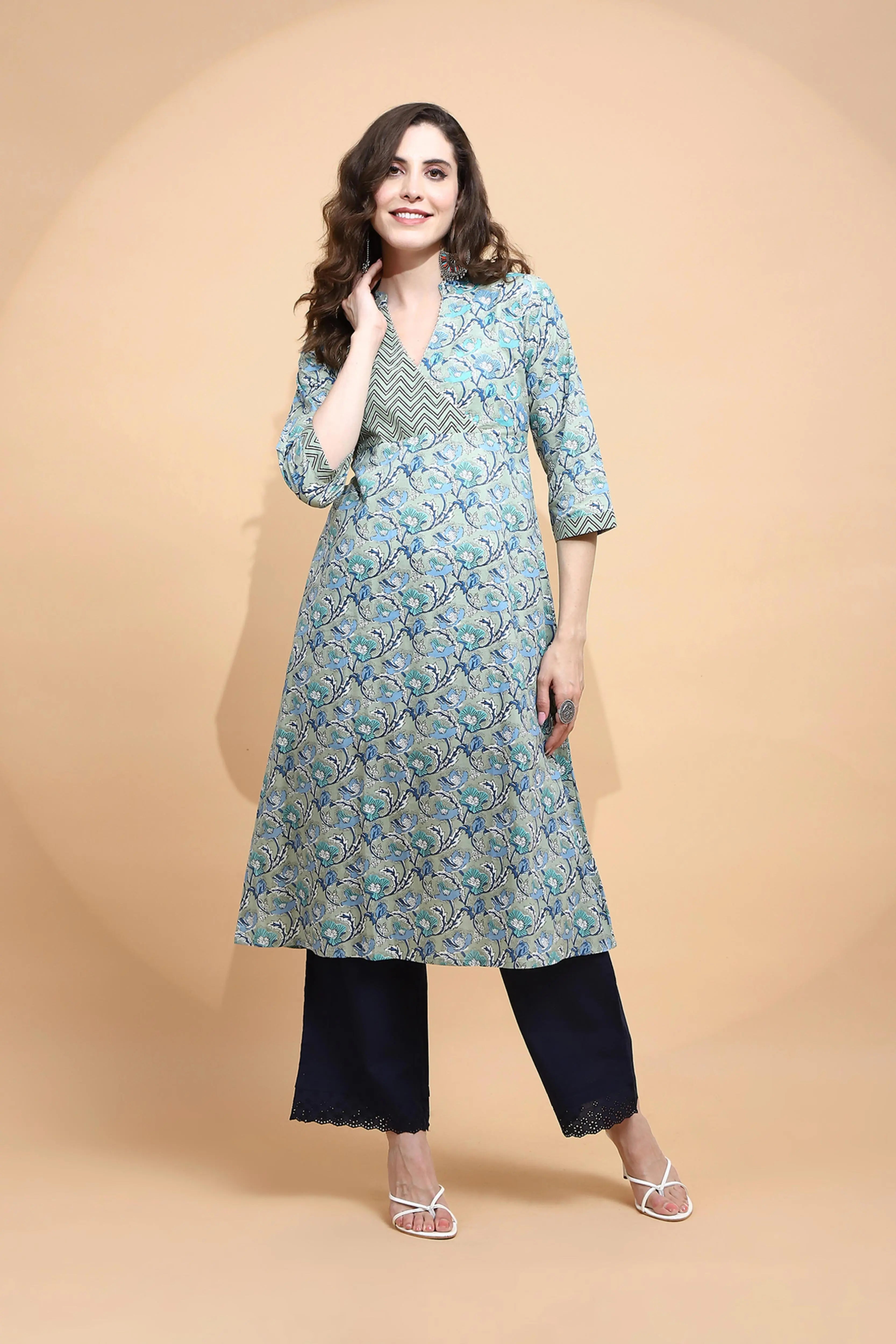 Pista Green Cotton Blend Kurta - Global Republic