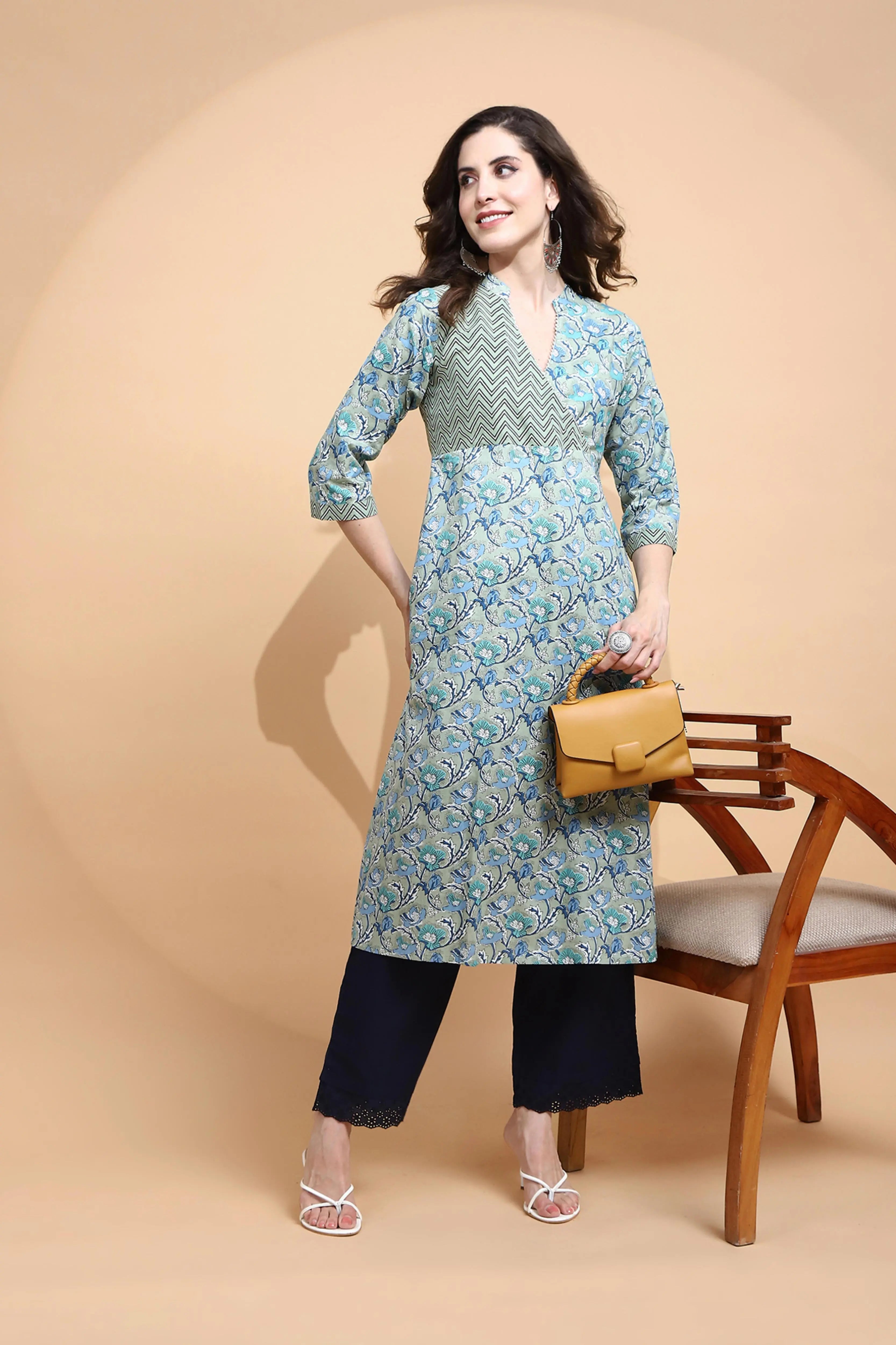 Pista Green Cotton Blend Kurta - Global Republic