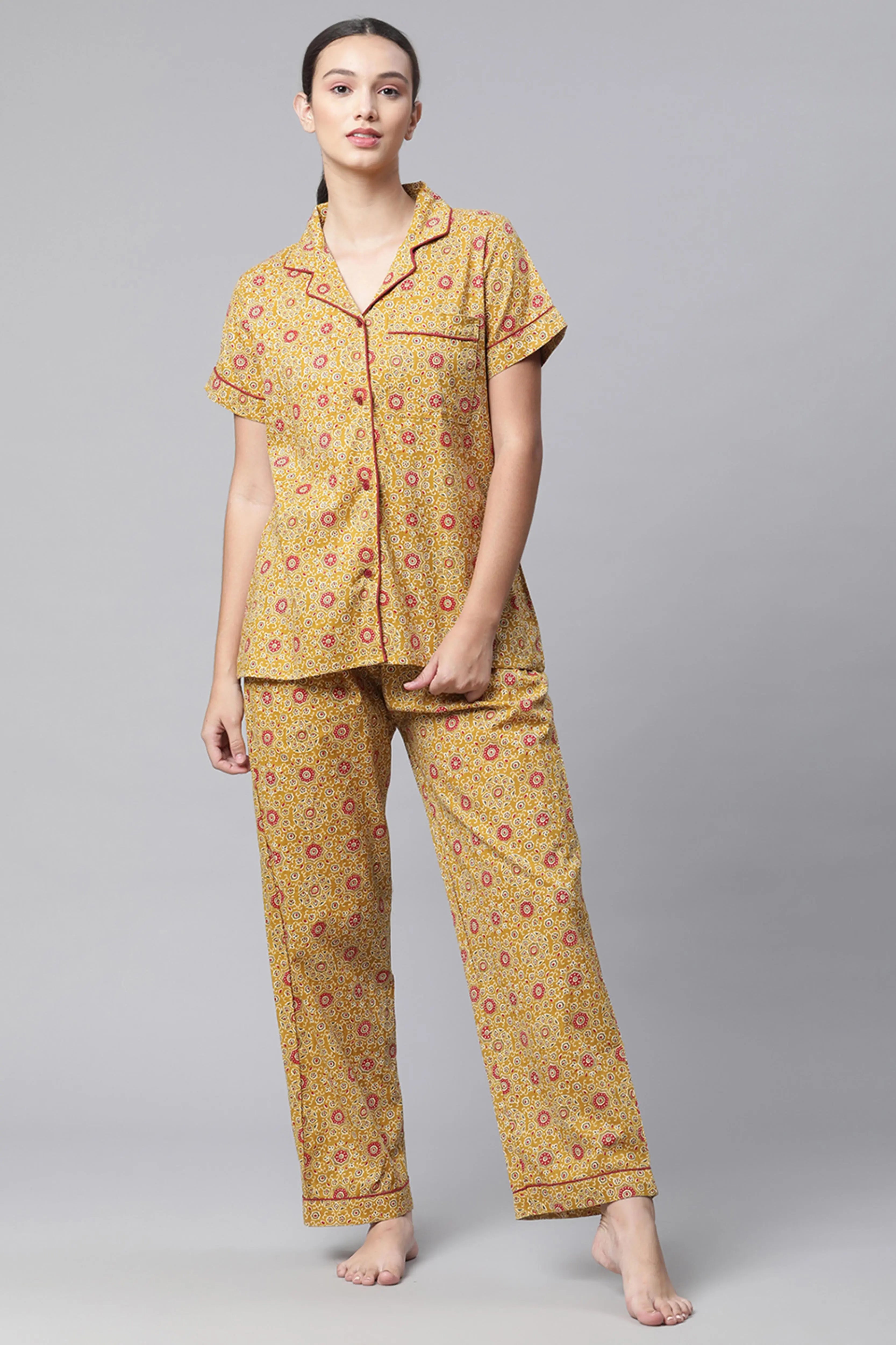 Mustard Cotton Printed Loose Fit Nightsuit - Global Republic