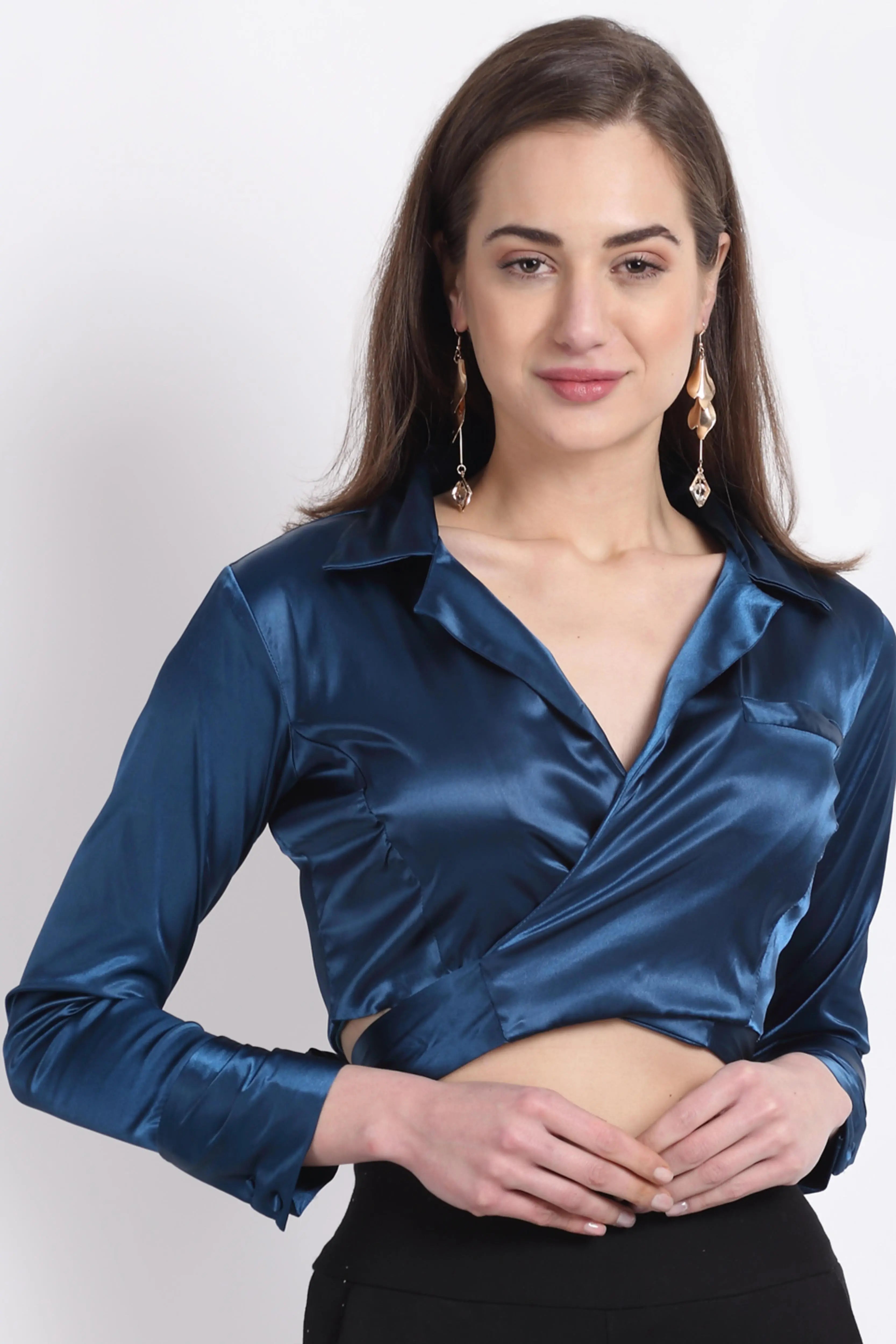 Blue Satin Notch Neck Top - Global Republic