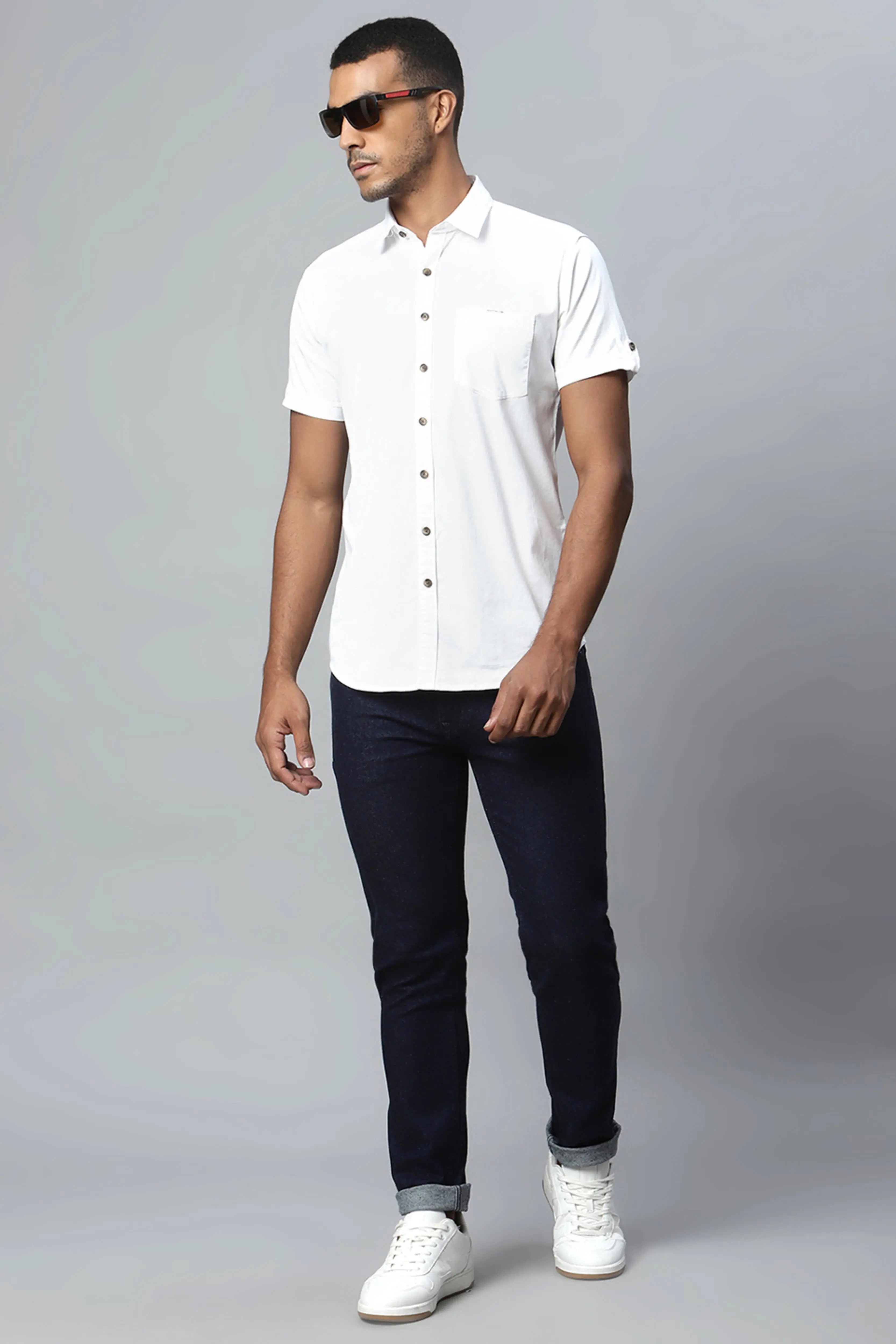 Men White Half Sleeve Casual Plain Shirt - Global Republic