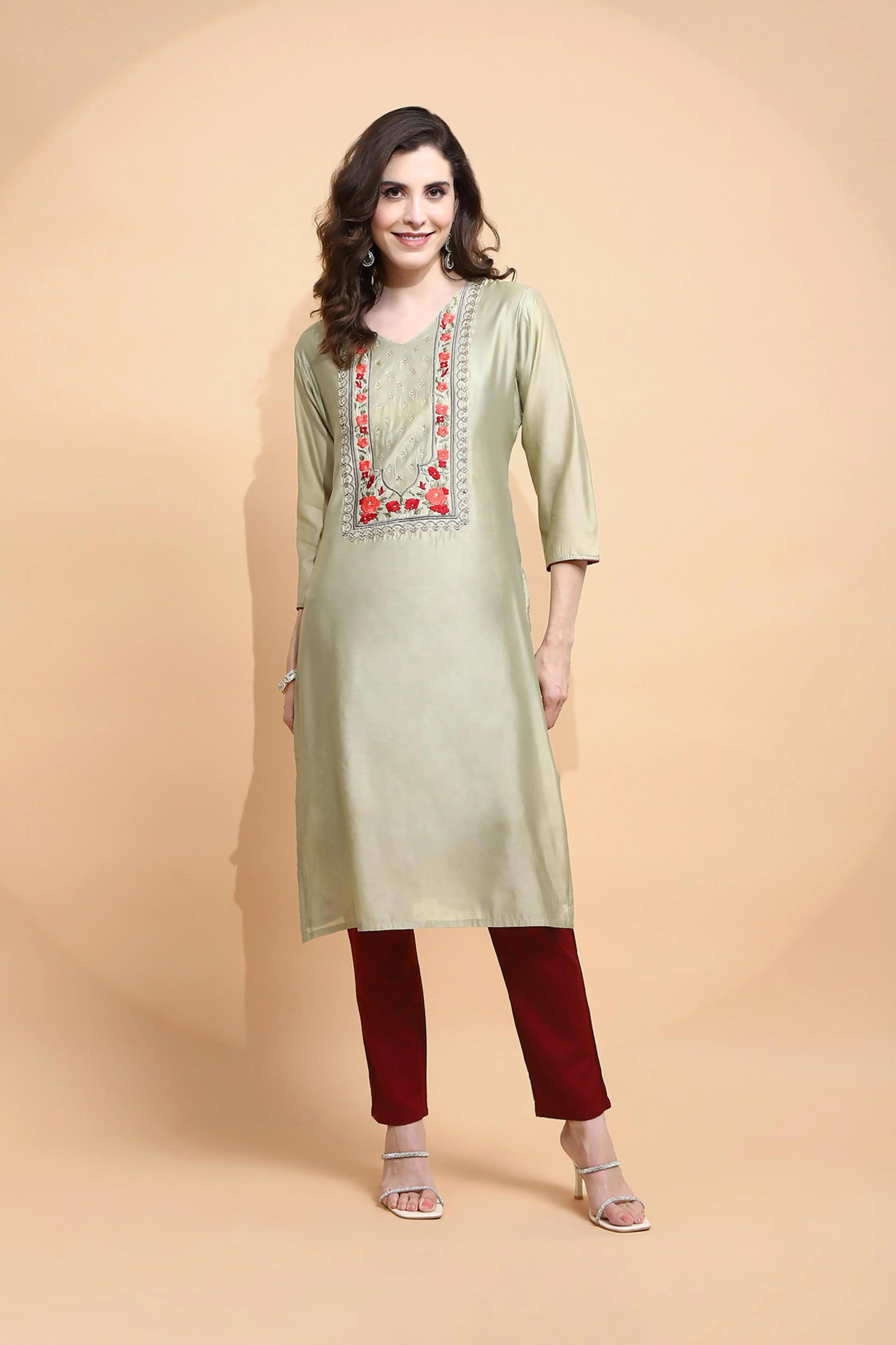 Green Embroidered Chanderi Kurta - Global Republic