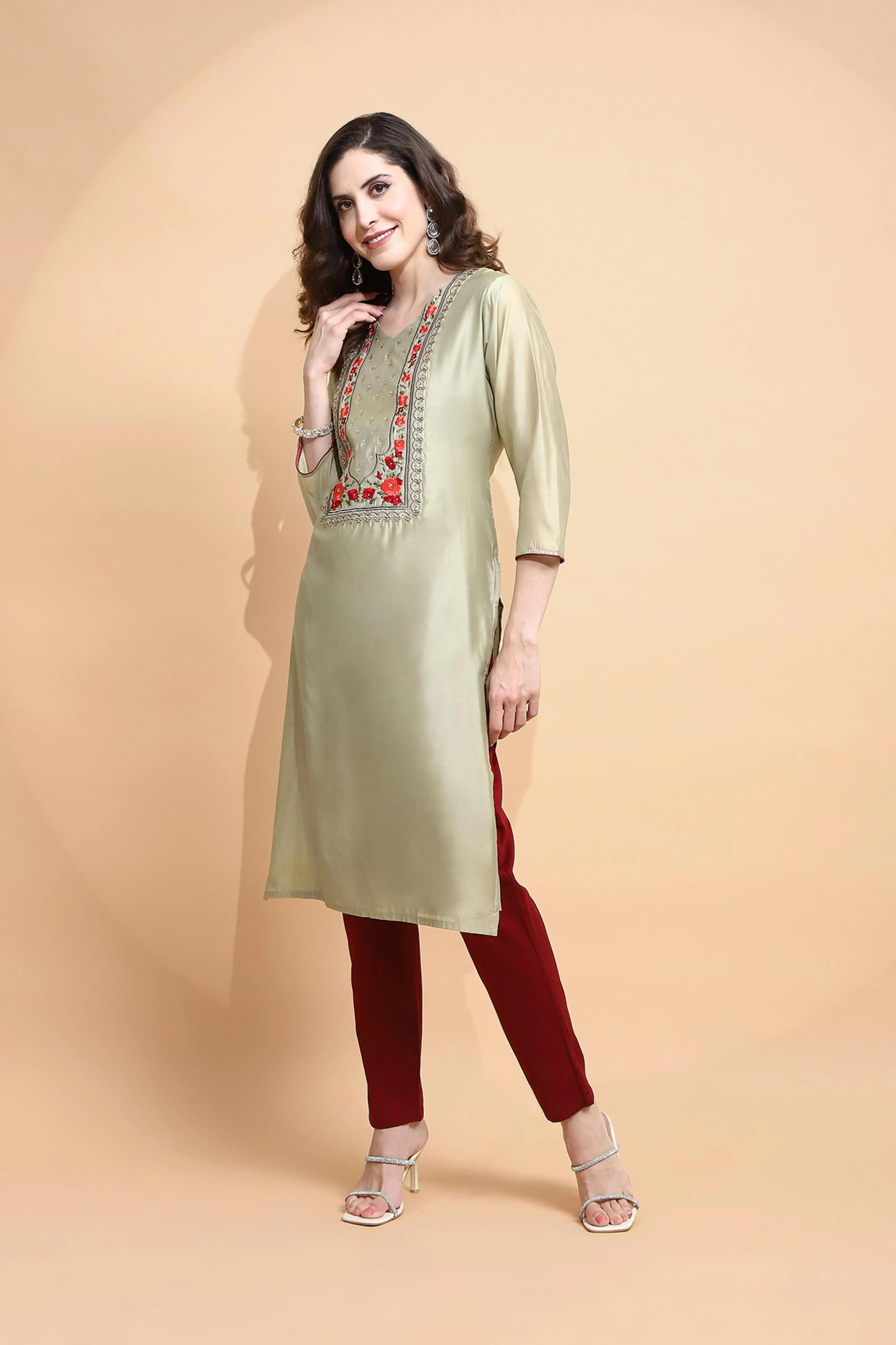 Green Embroidered Chanderi Kurta - Global Republic