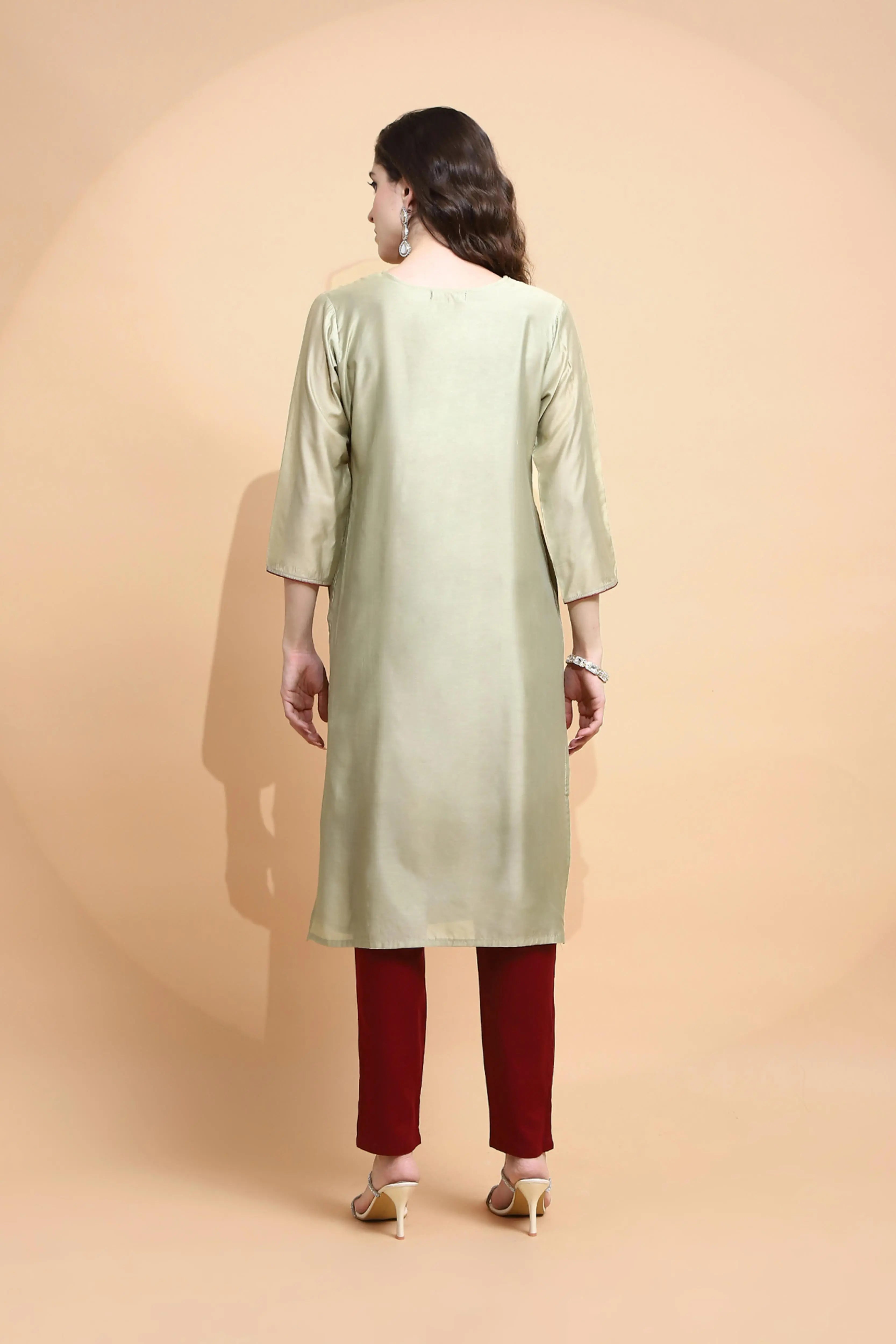 Green Embroidered Chanderi Kurta - Global Republic