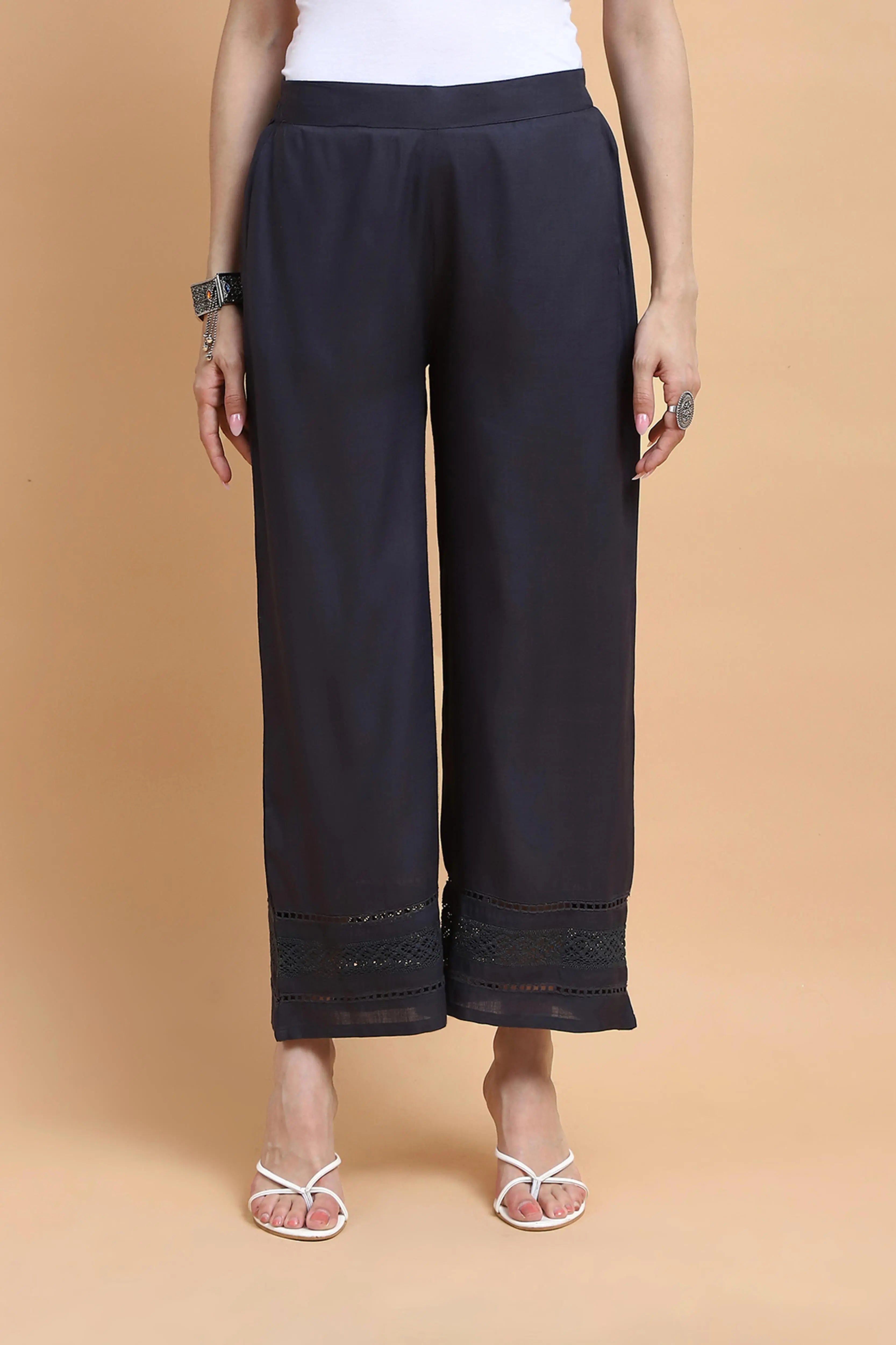 Grey Rayon Blend Loose Fit Palazzo - Global Republic