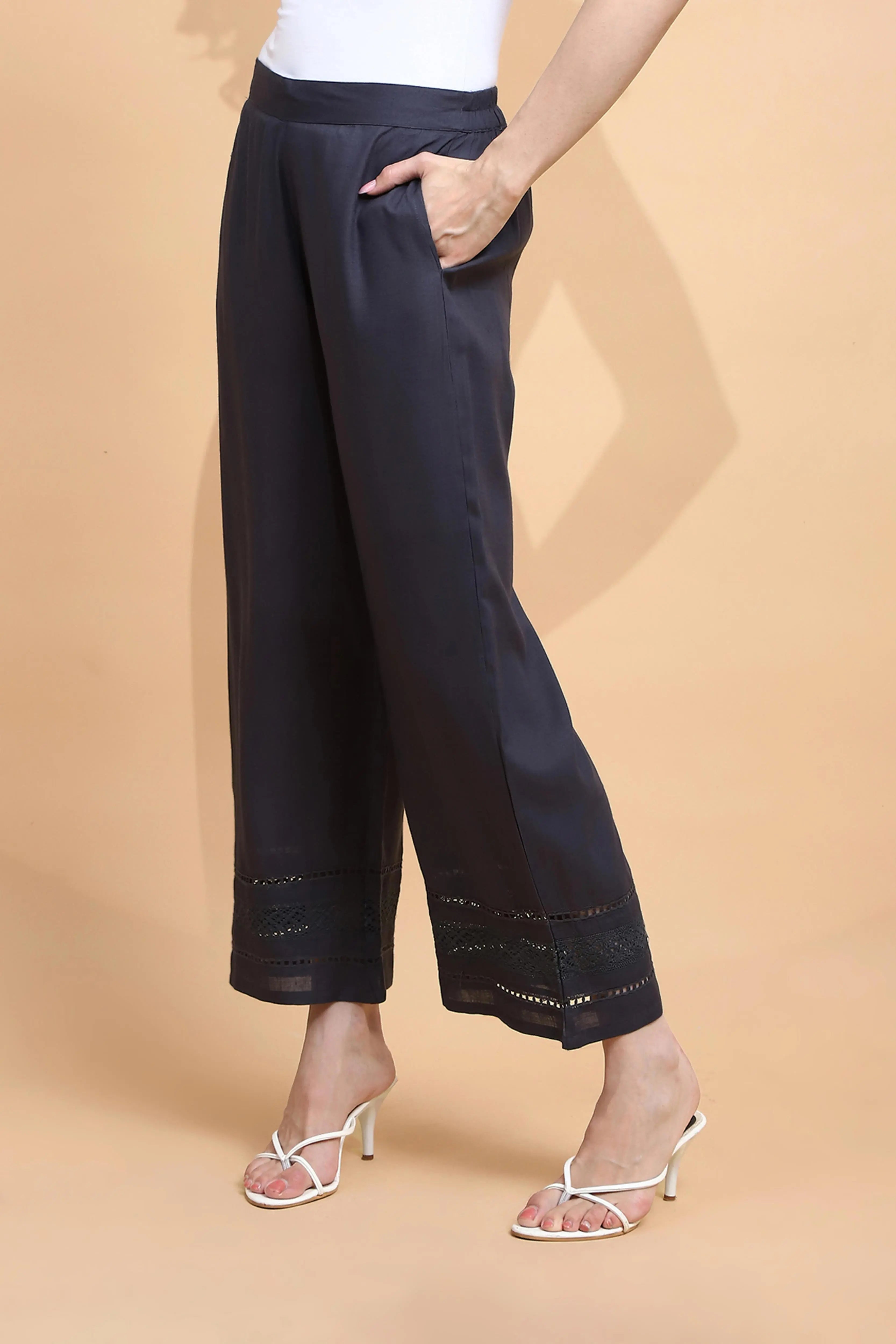 Grey Rayon Blend Loose Fit Palazzo - Global Republic