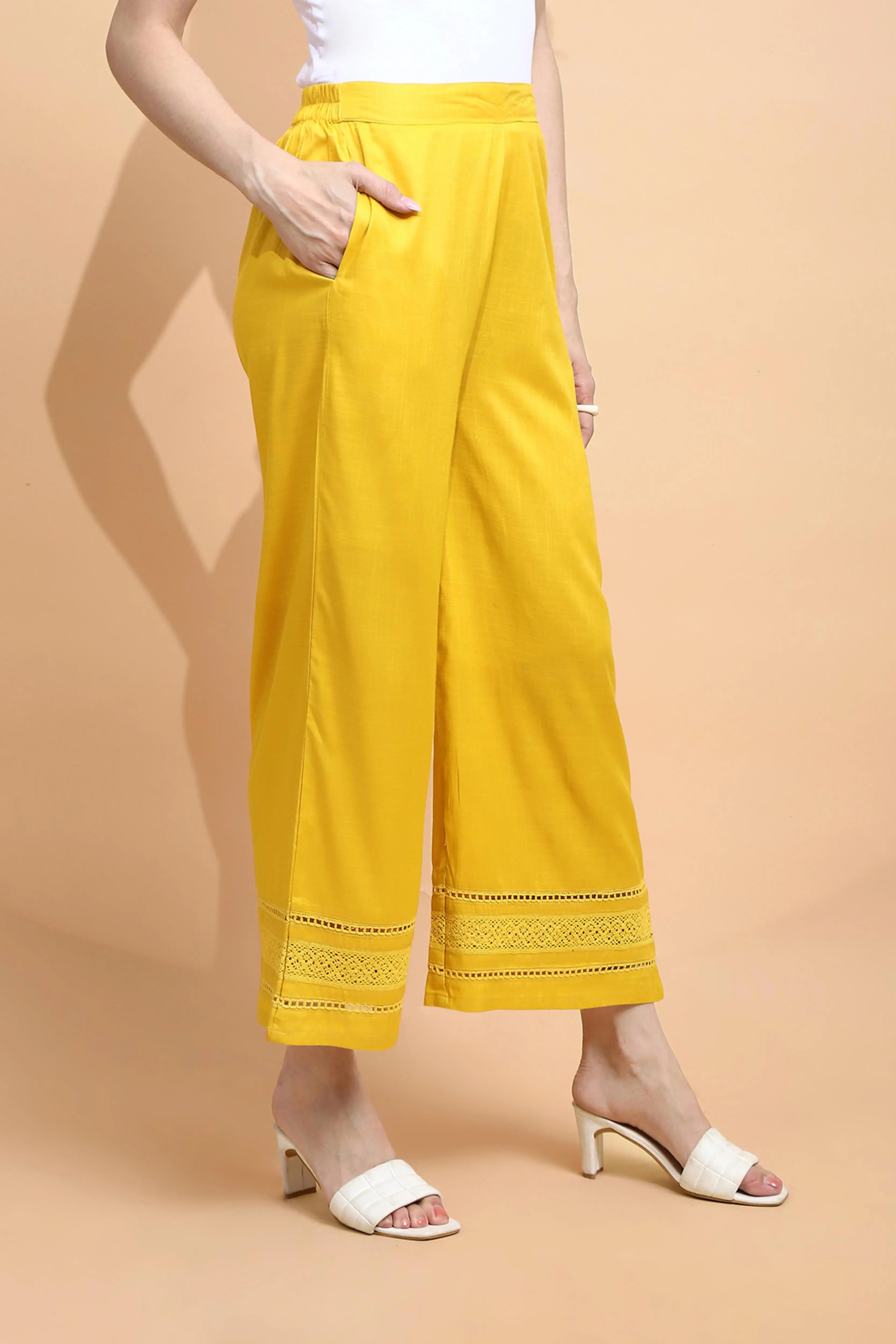 Mustard Rayon Blend Loose Palazzo - Global Republic