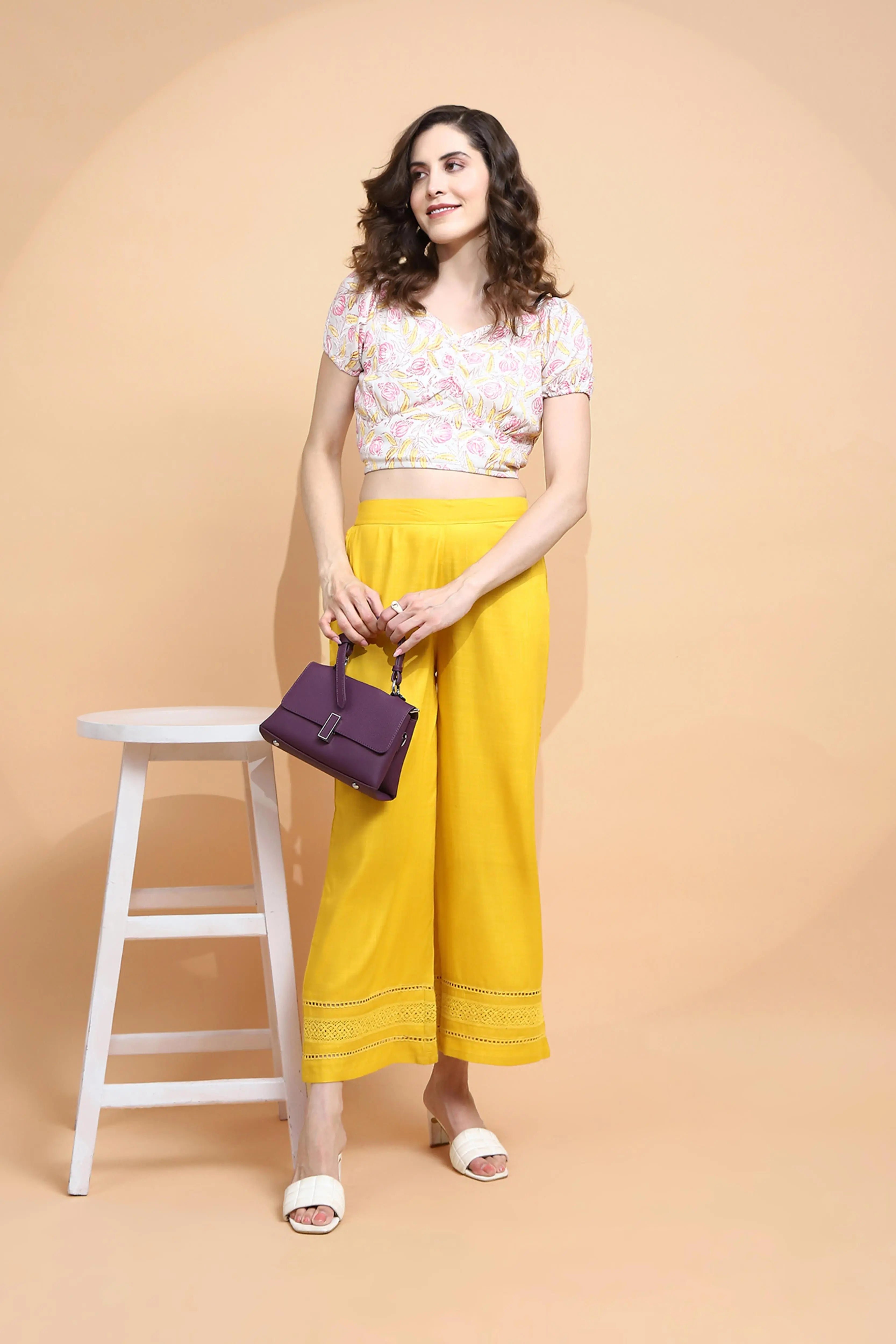 Mustard Rayon Blend Loose Palazzo - Global Republic