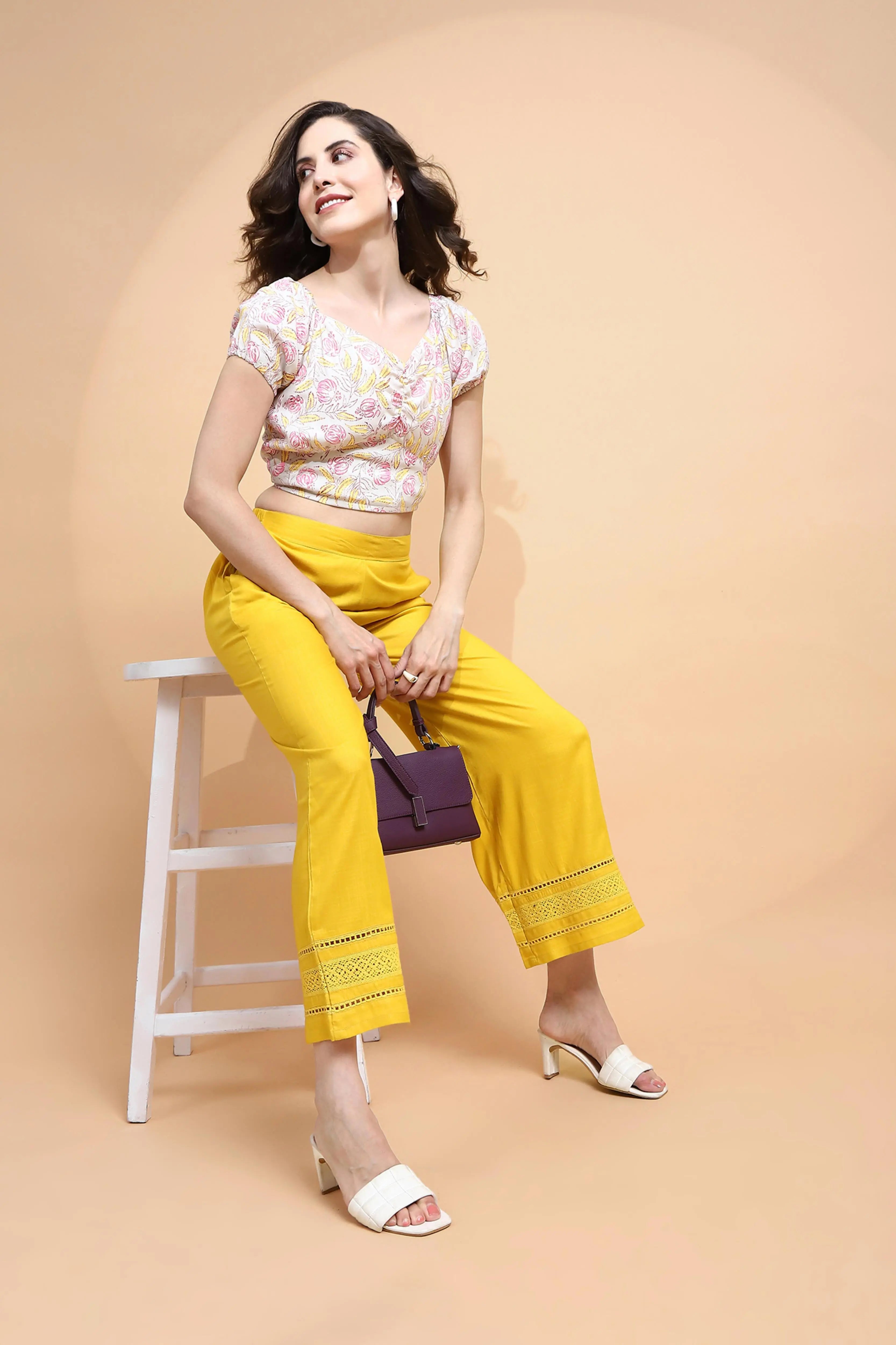 Mustard Rayon Blend Loose Palazzo - Global Republic