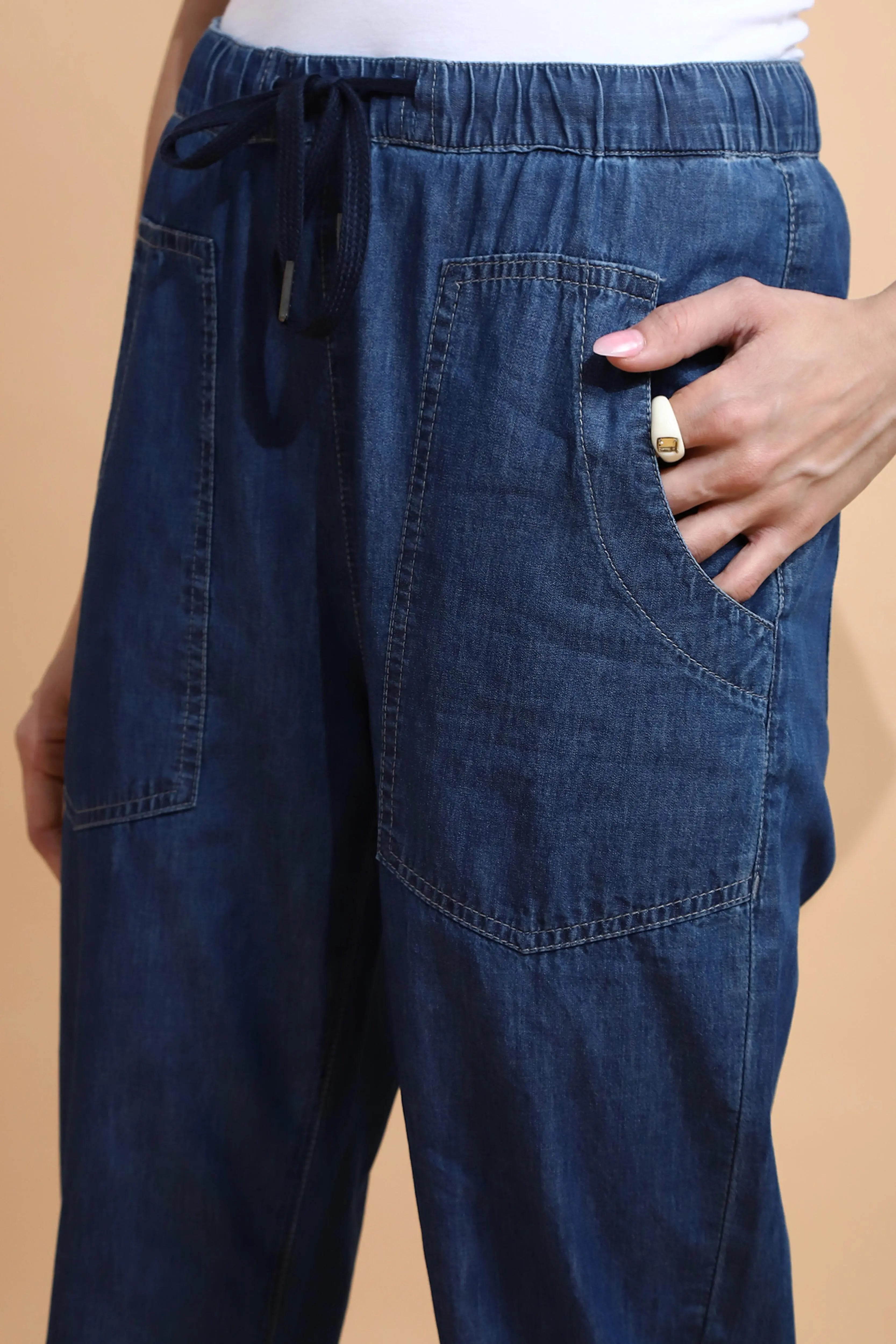 Blue Cotton Blend Loose Fit Lower - Global Republic