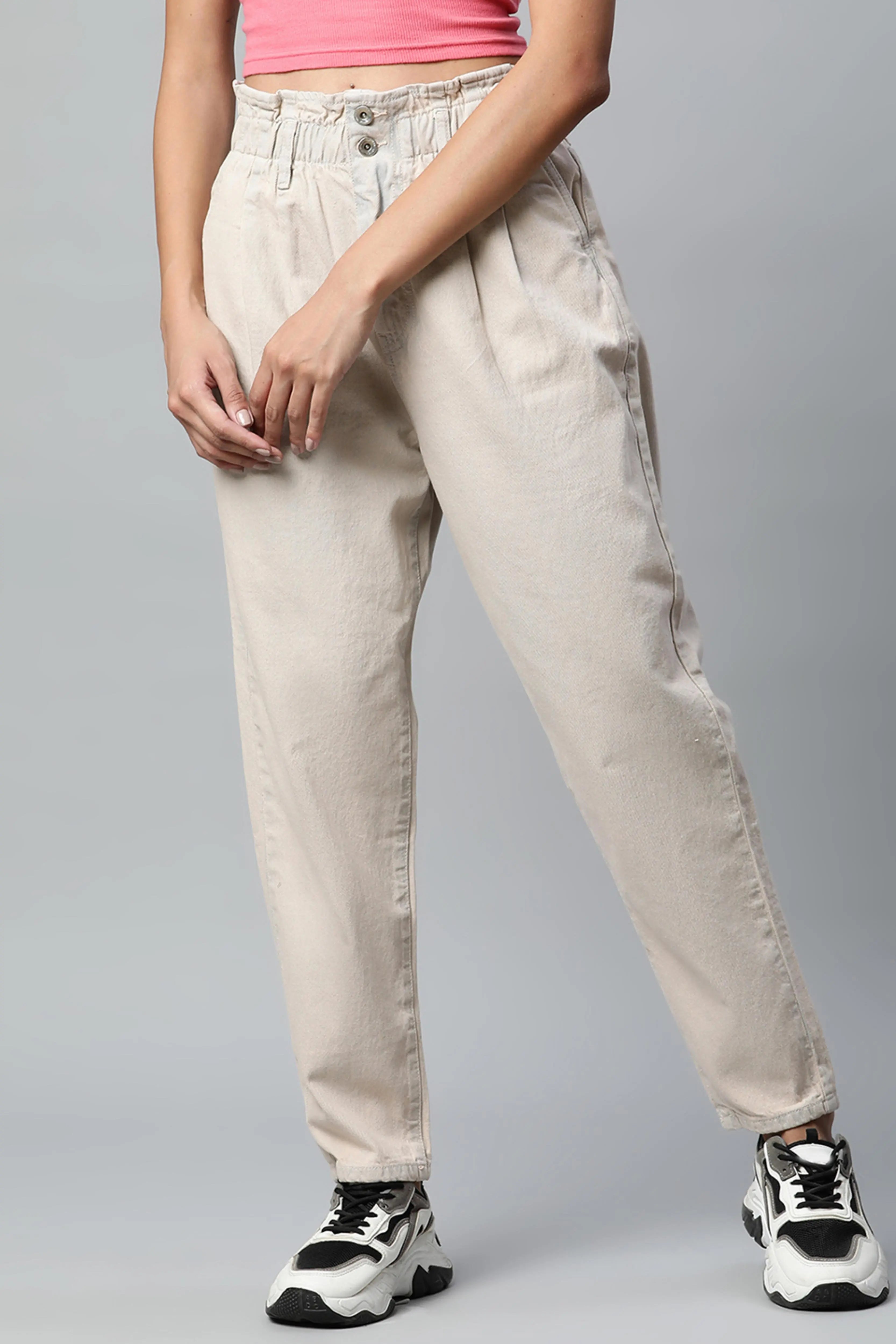 Women Tapered Full Length Beige Paper Waist Jeans - Global Republic