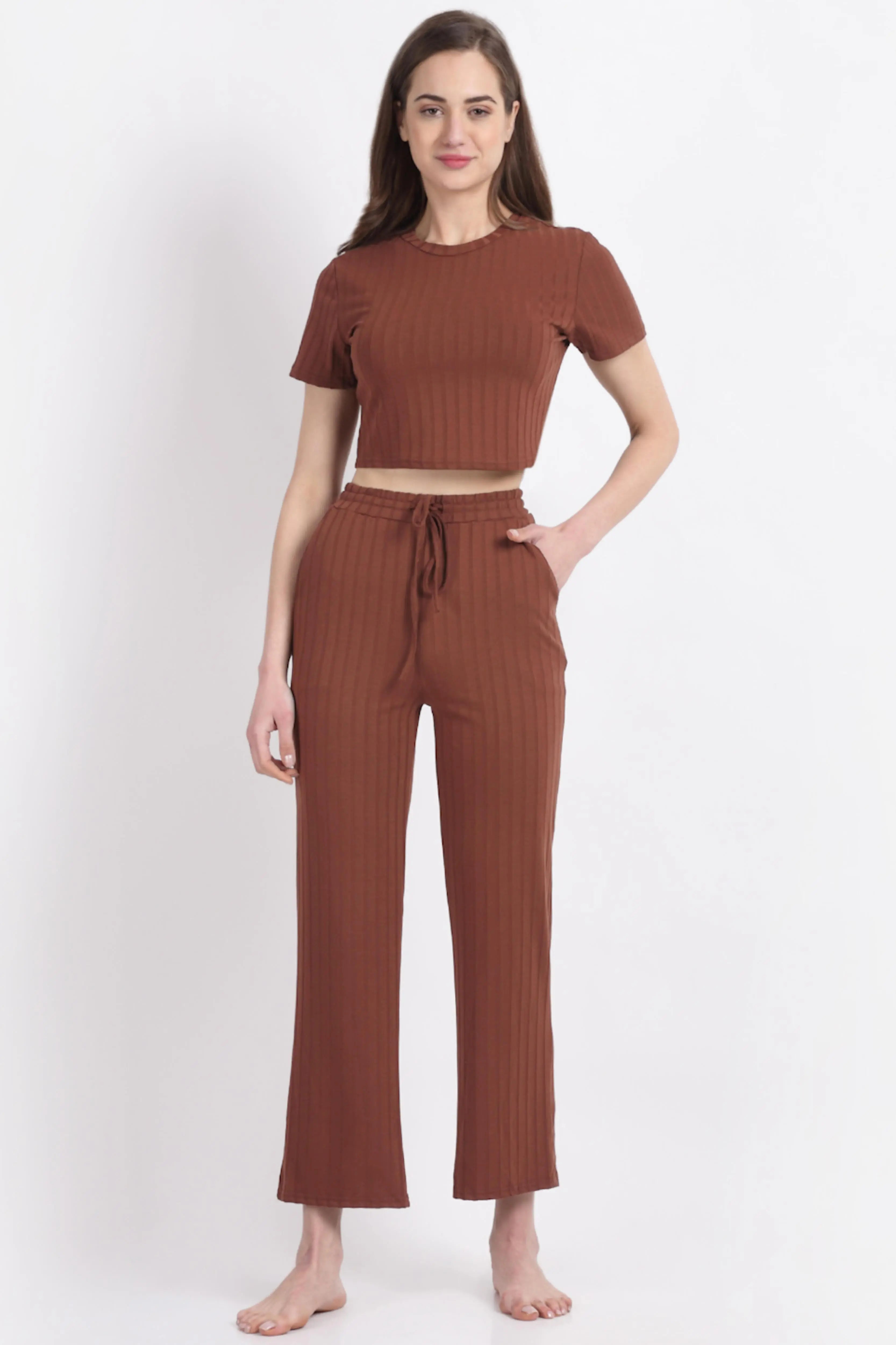 Brown Cotton Solid Nightsuit - Global Republic