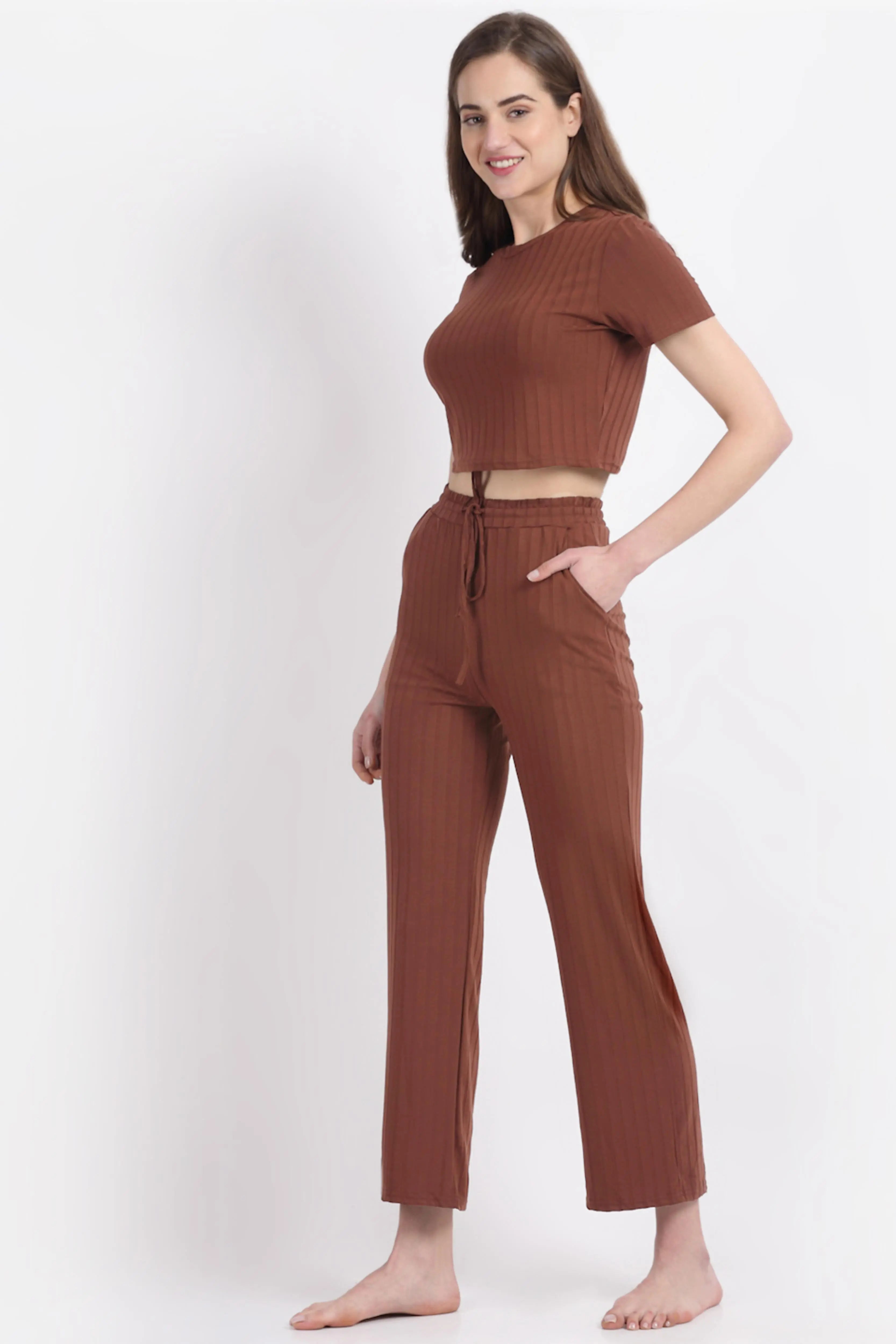 Brown Cotton Solid Nightsuit - Global Republic