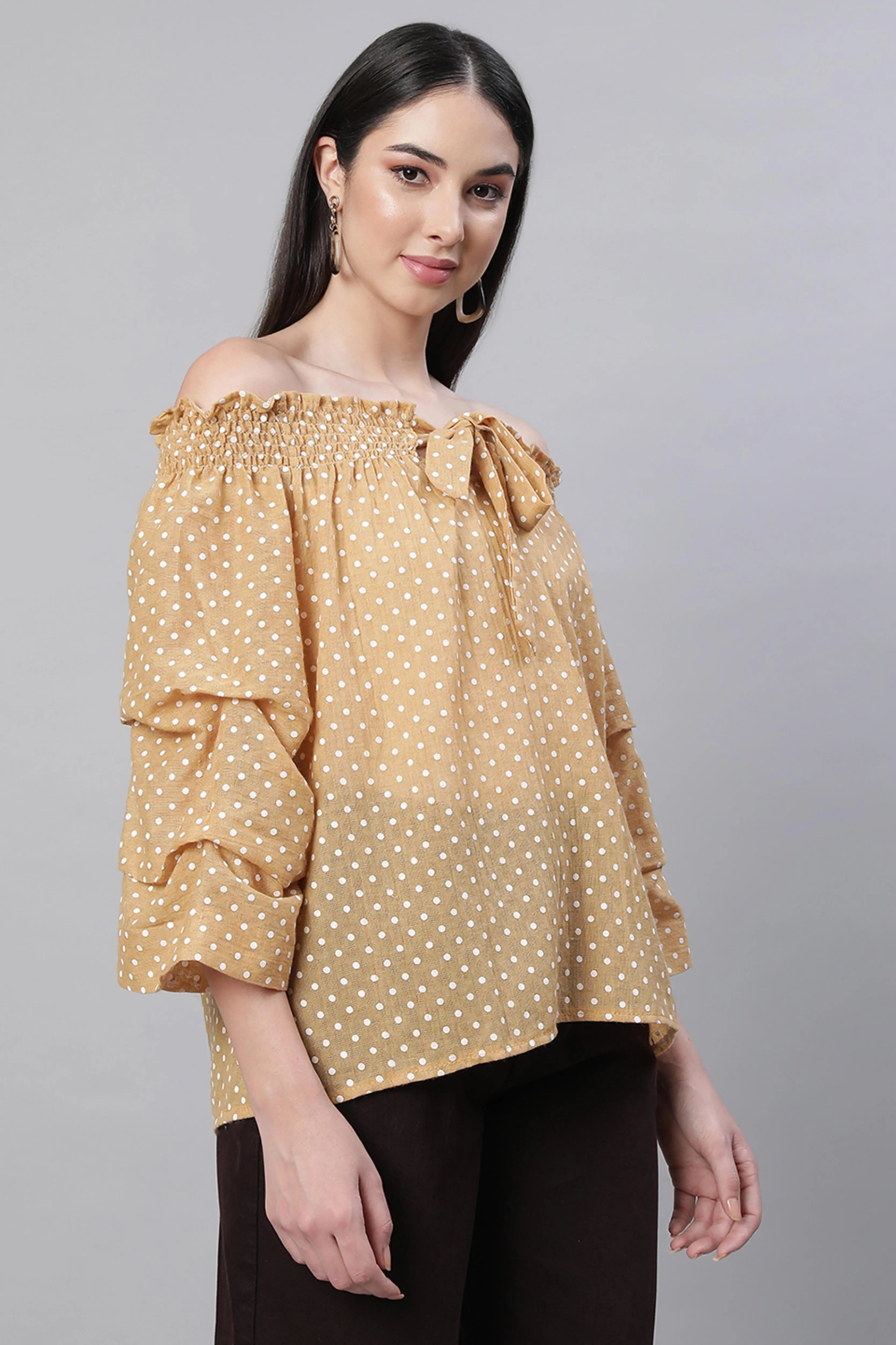 women yellow off shoulder printed blouse
