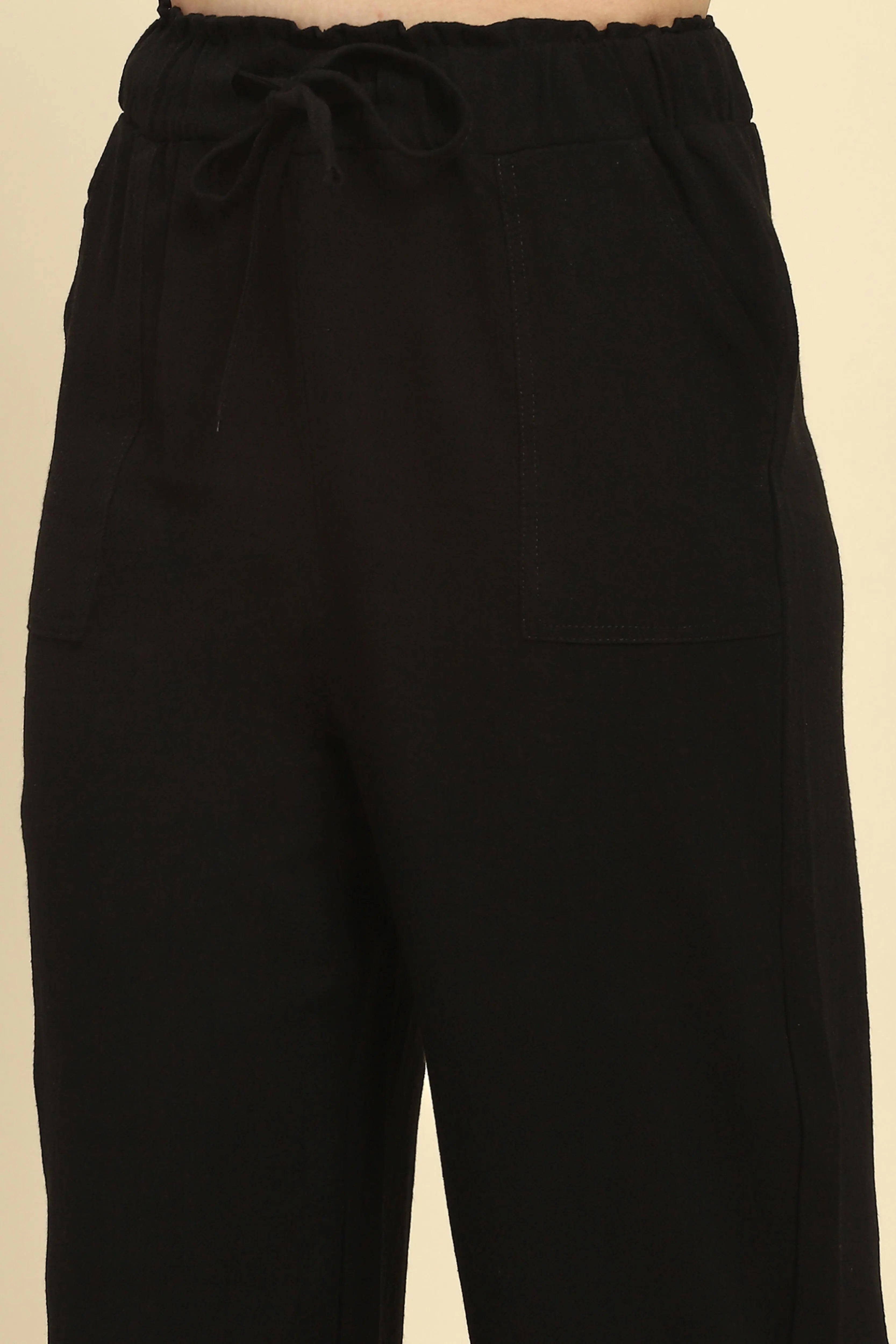 Black Solid Cotton Linen Relaxed Lower