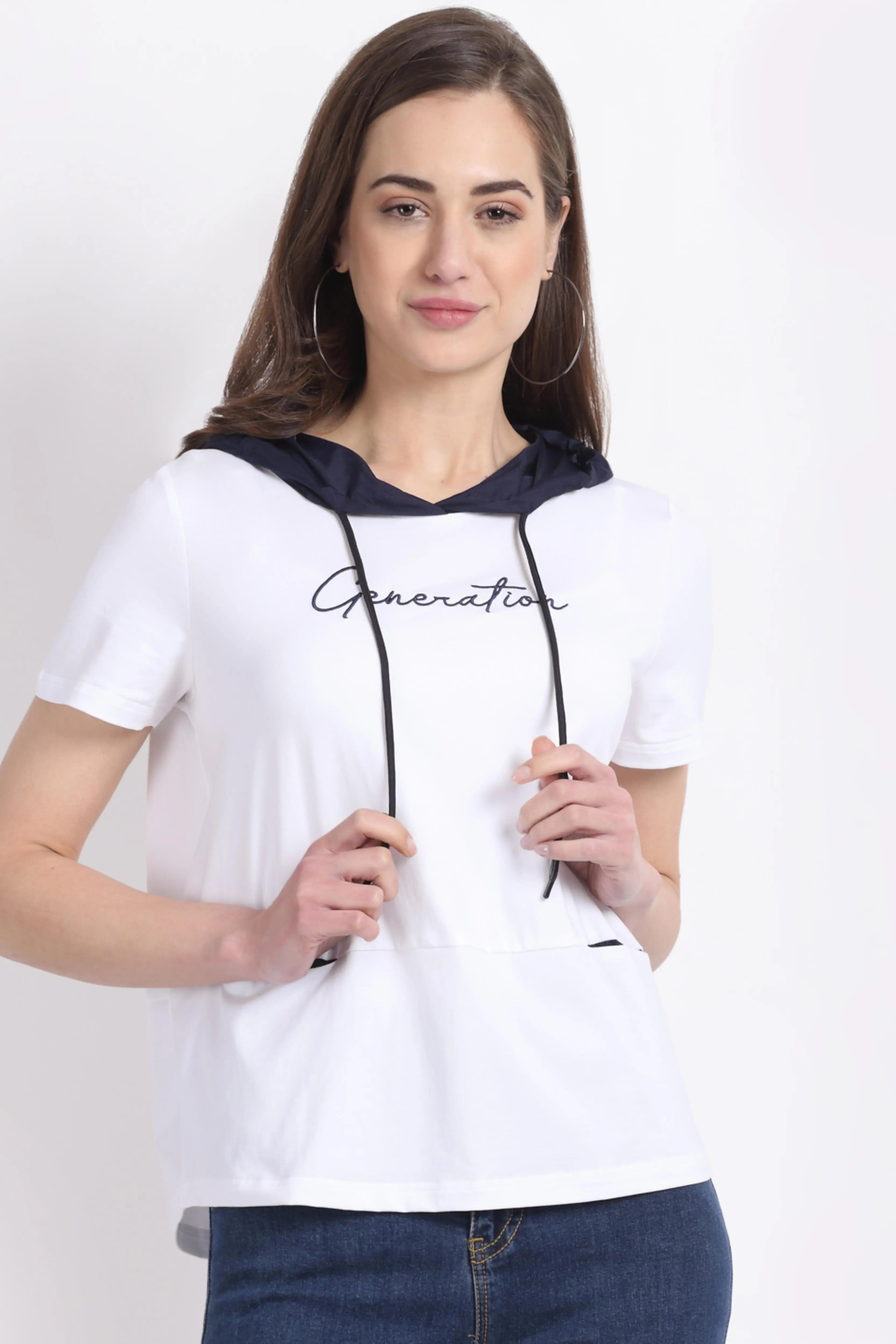 Women Regular-Fit White Cotton Hooded T-Shirt - Global Republic