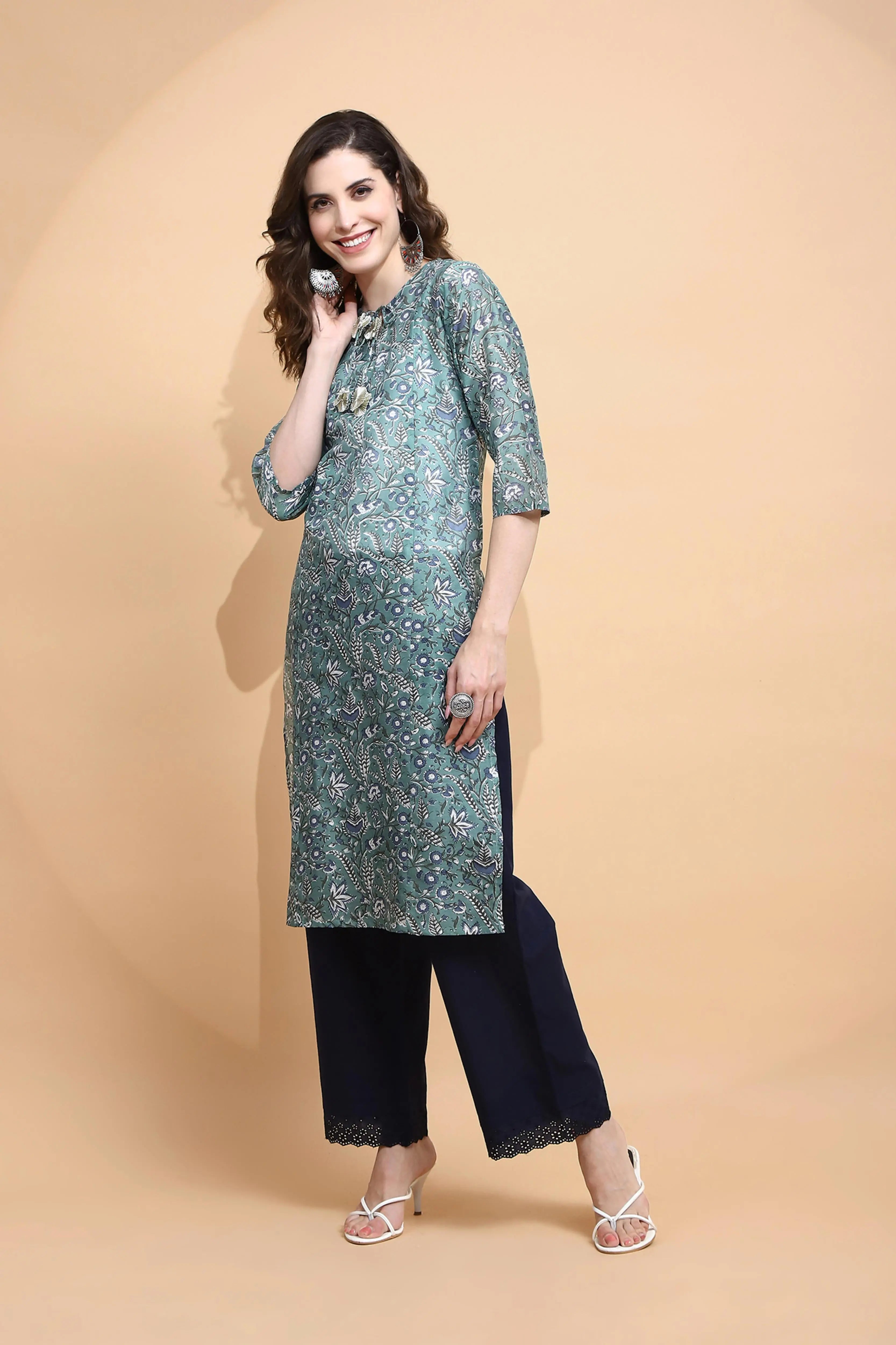 Green Printed Cotton Kurta - Global Republic