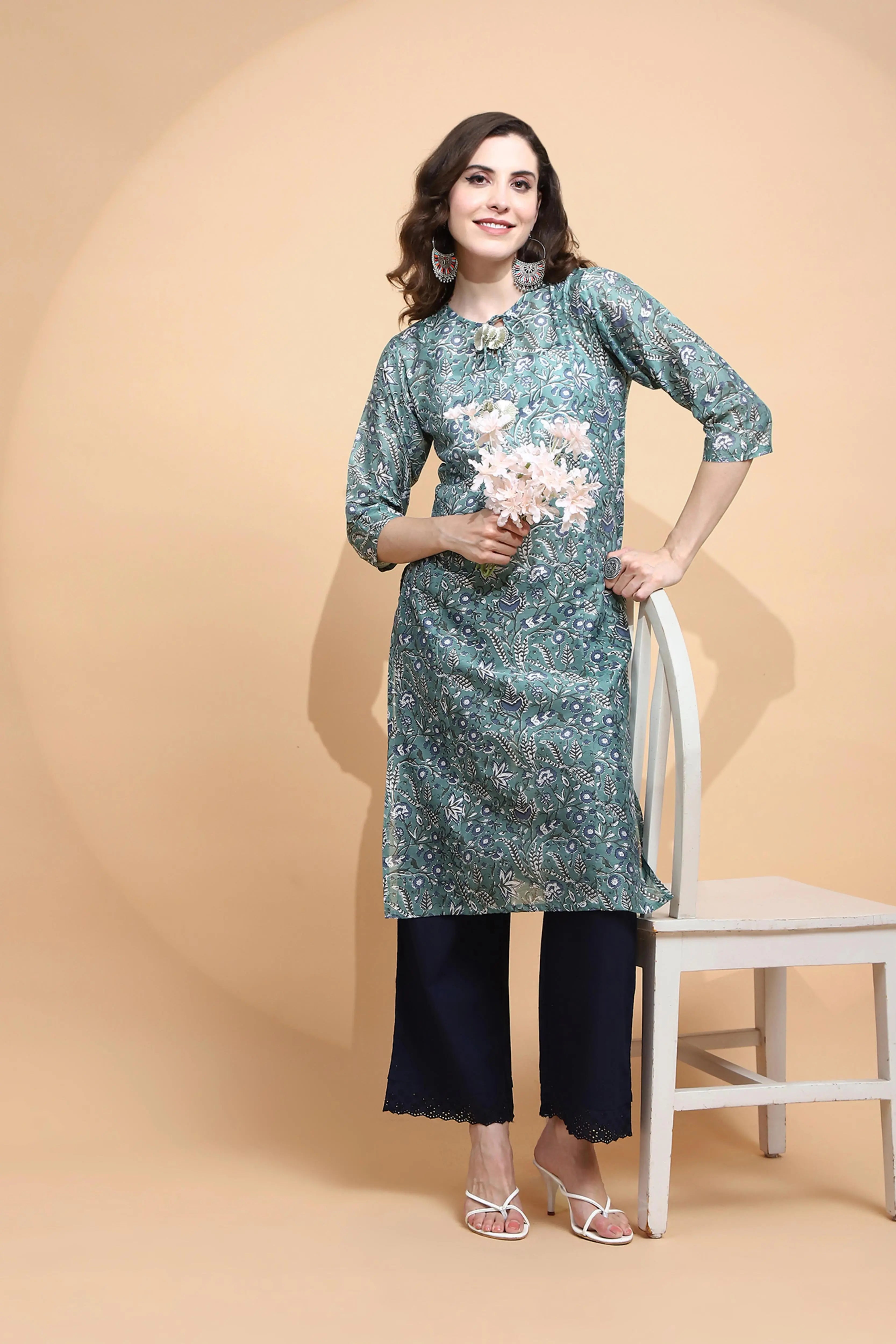Green Printed Cotton Kurta - Global Republic