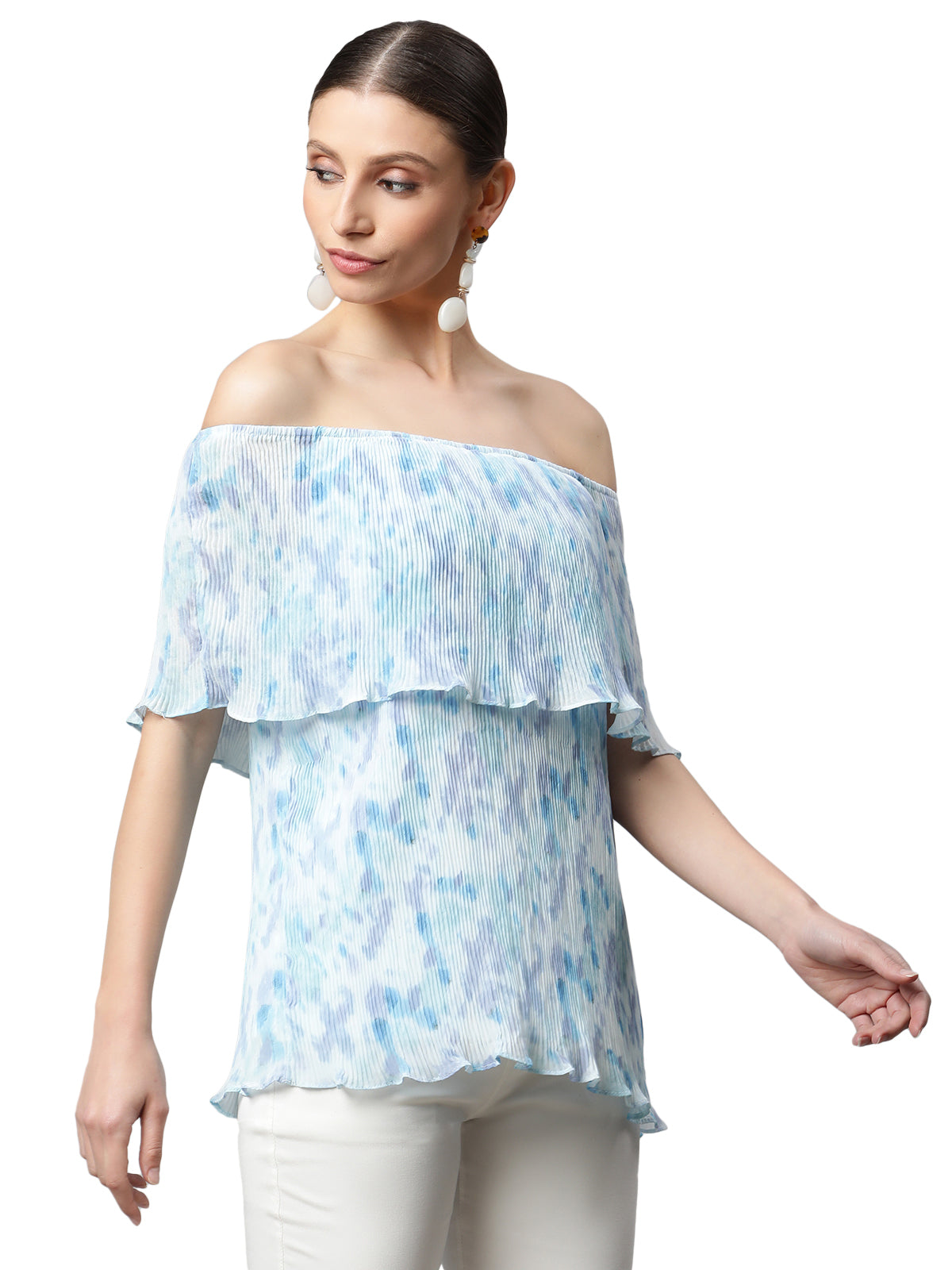 White & Blue A-Line Fit Off Shoulder Top - Global Republic