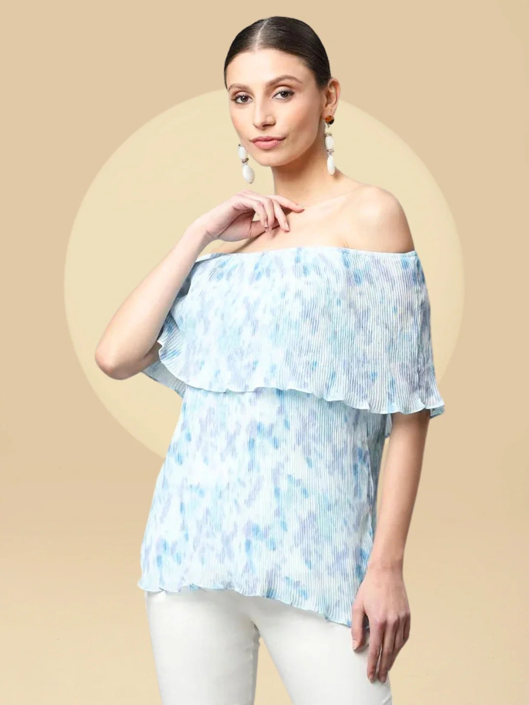 White & Blue A-Line Fit Off Shoulder Top - Global Republic