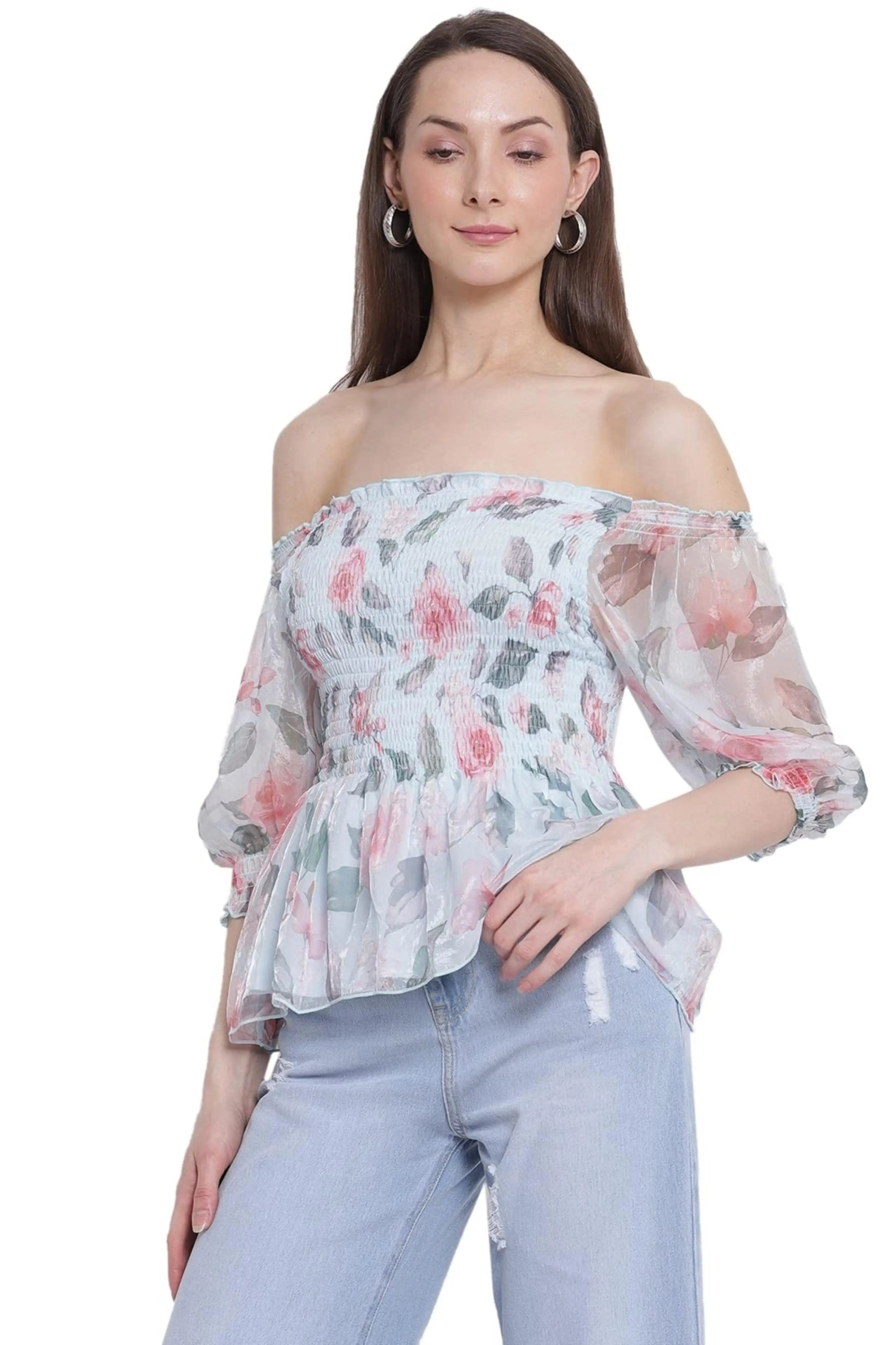 Women Off-Shoulder Blue Floral Print Peplum Top
