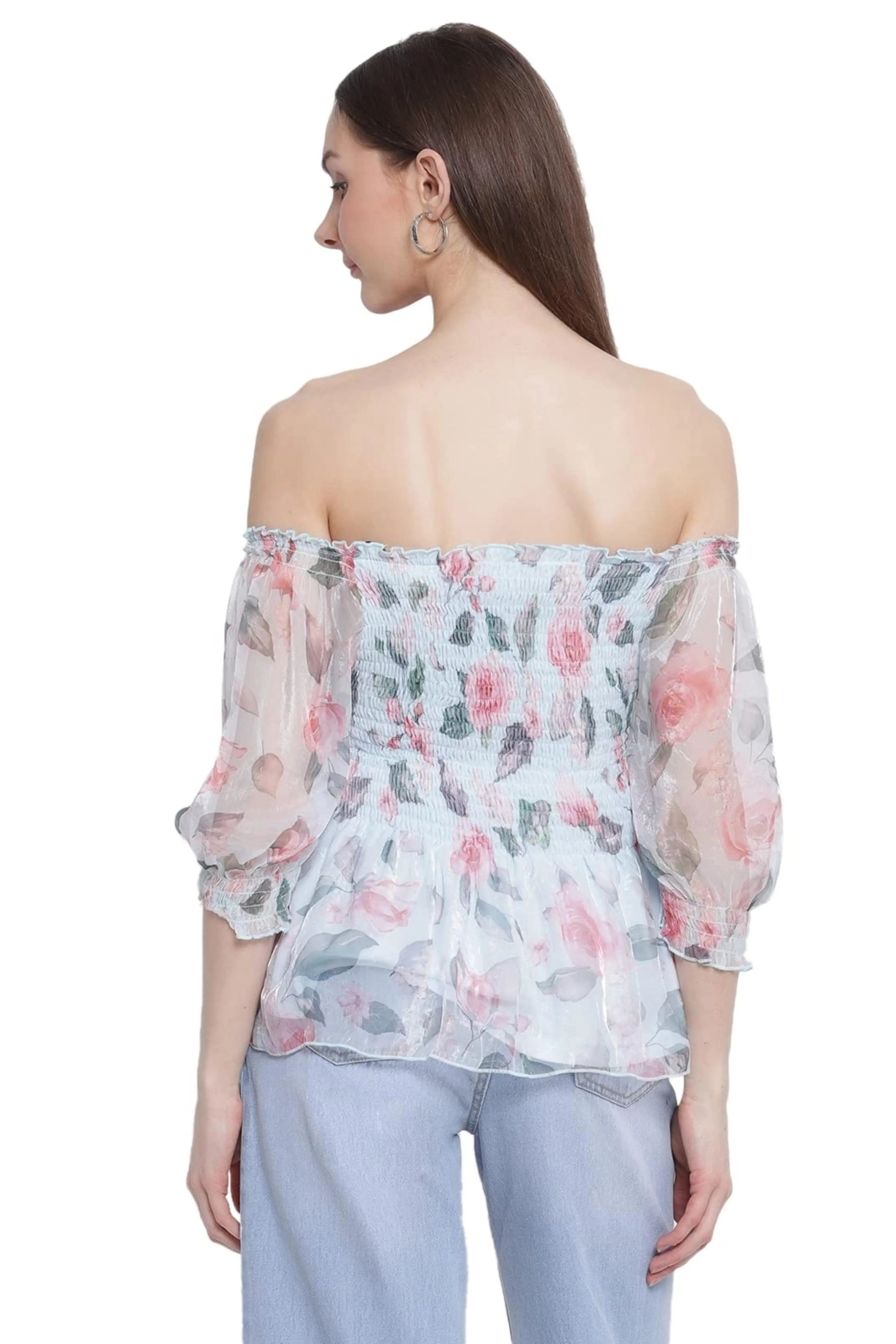 Women Off-Shoulder Blue Floral Print Peplum Top