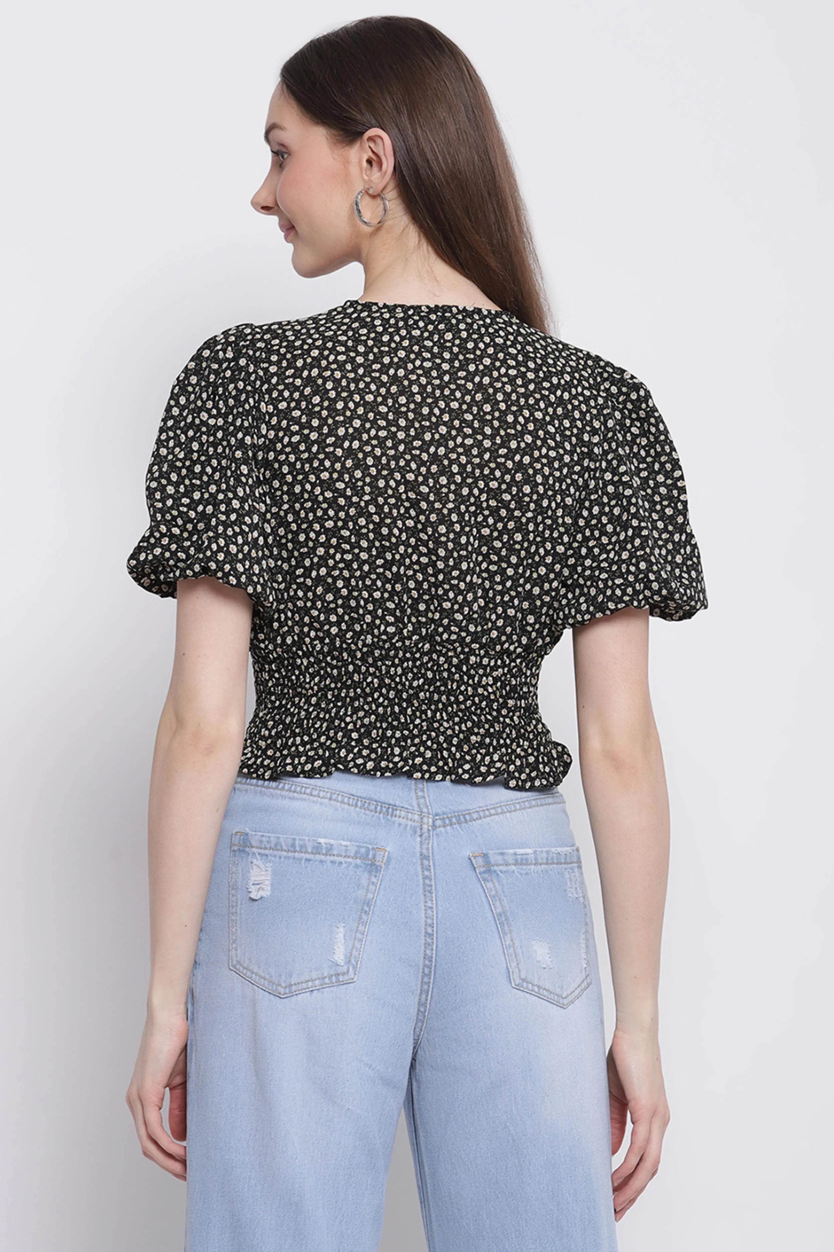 Women Black Colour Floral Print Crop Top