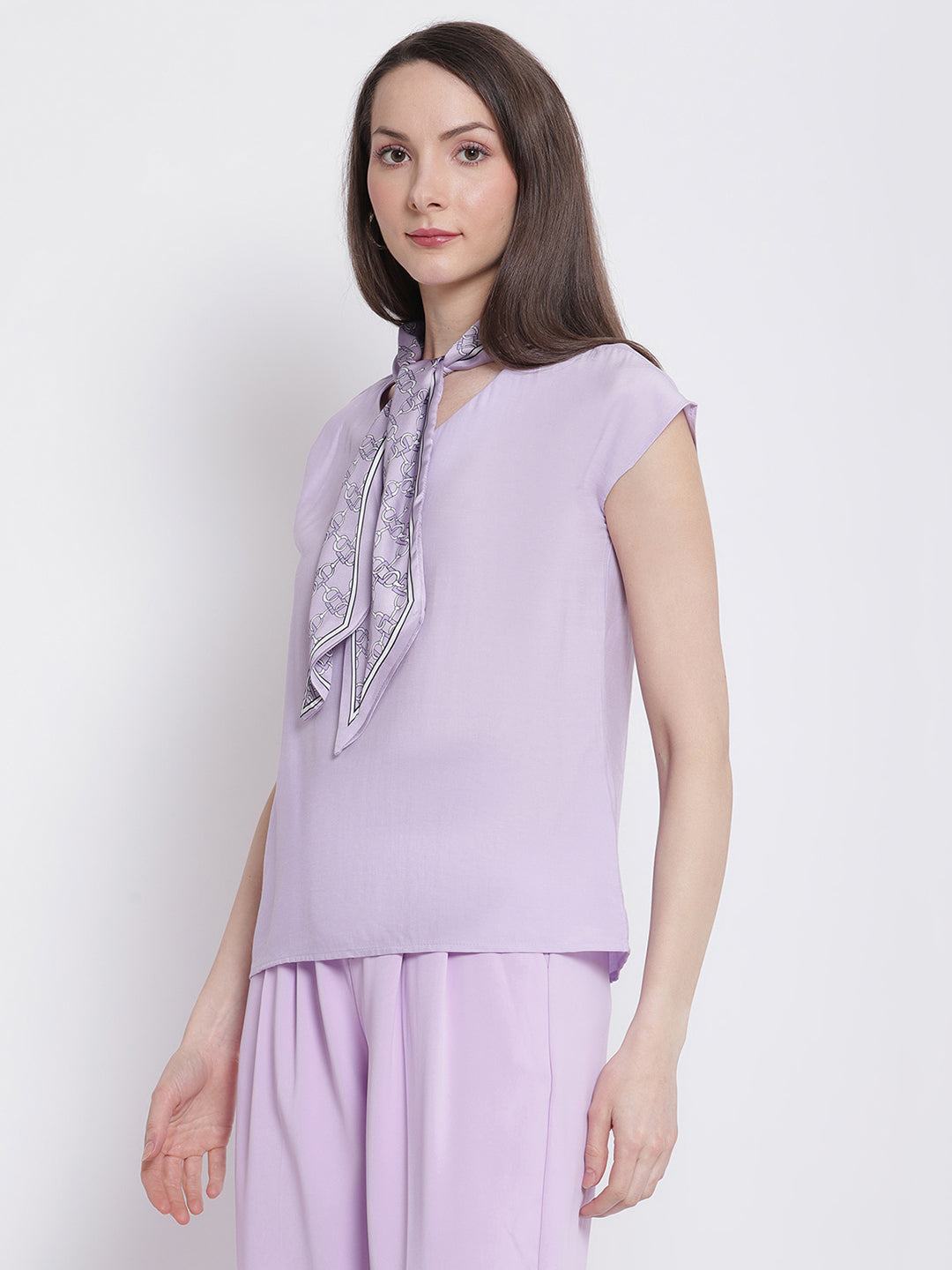 Women Solid V-Neck Top with Scarf - Global Republic