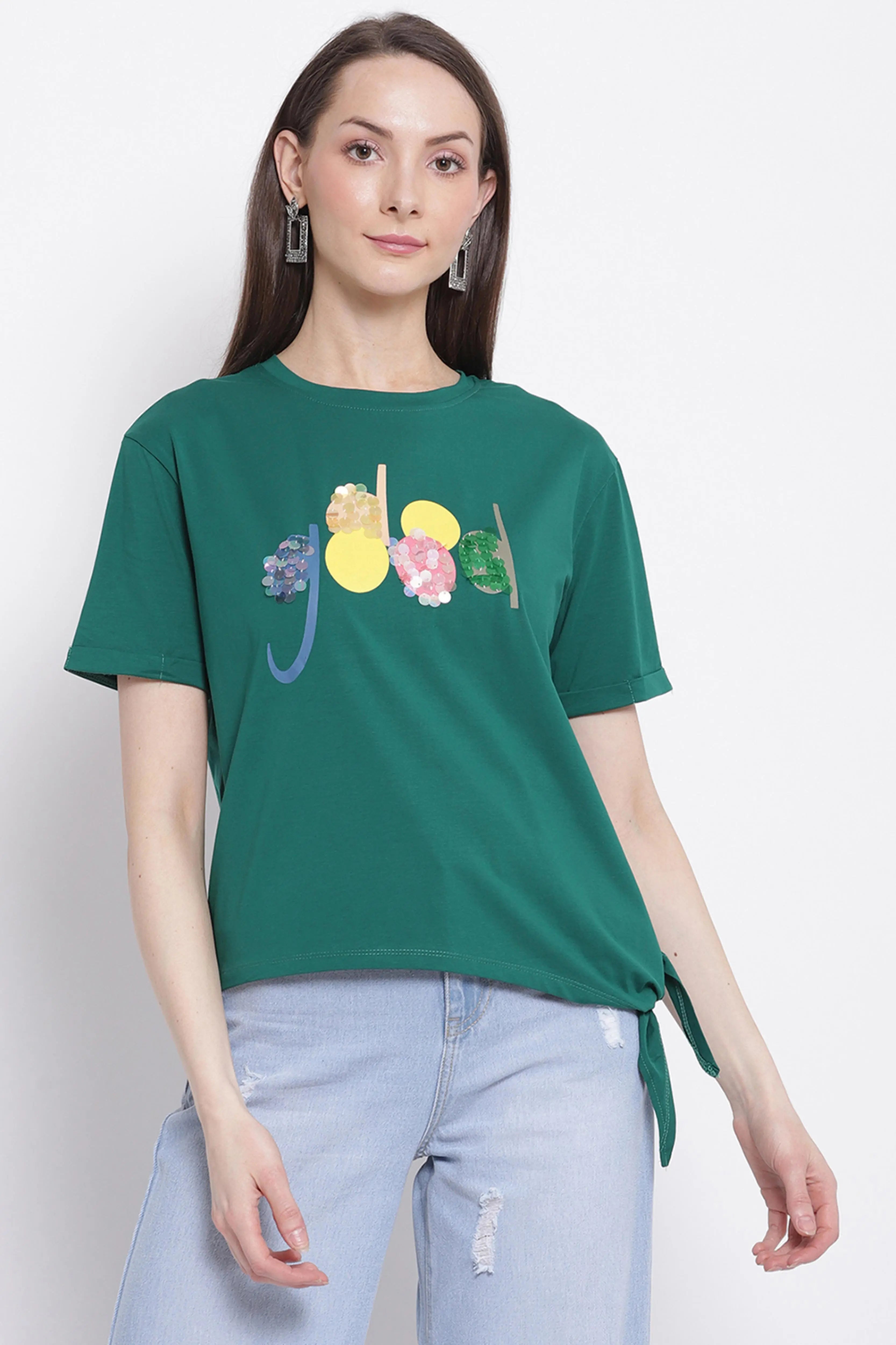 Women Green Printed Top with Knot Details at Hem