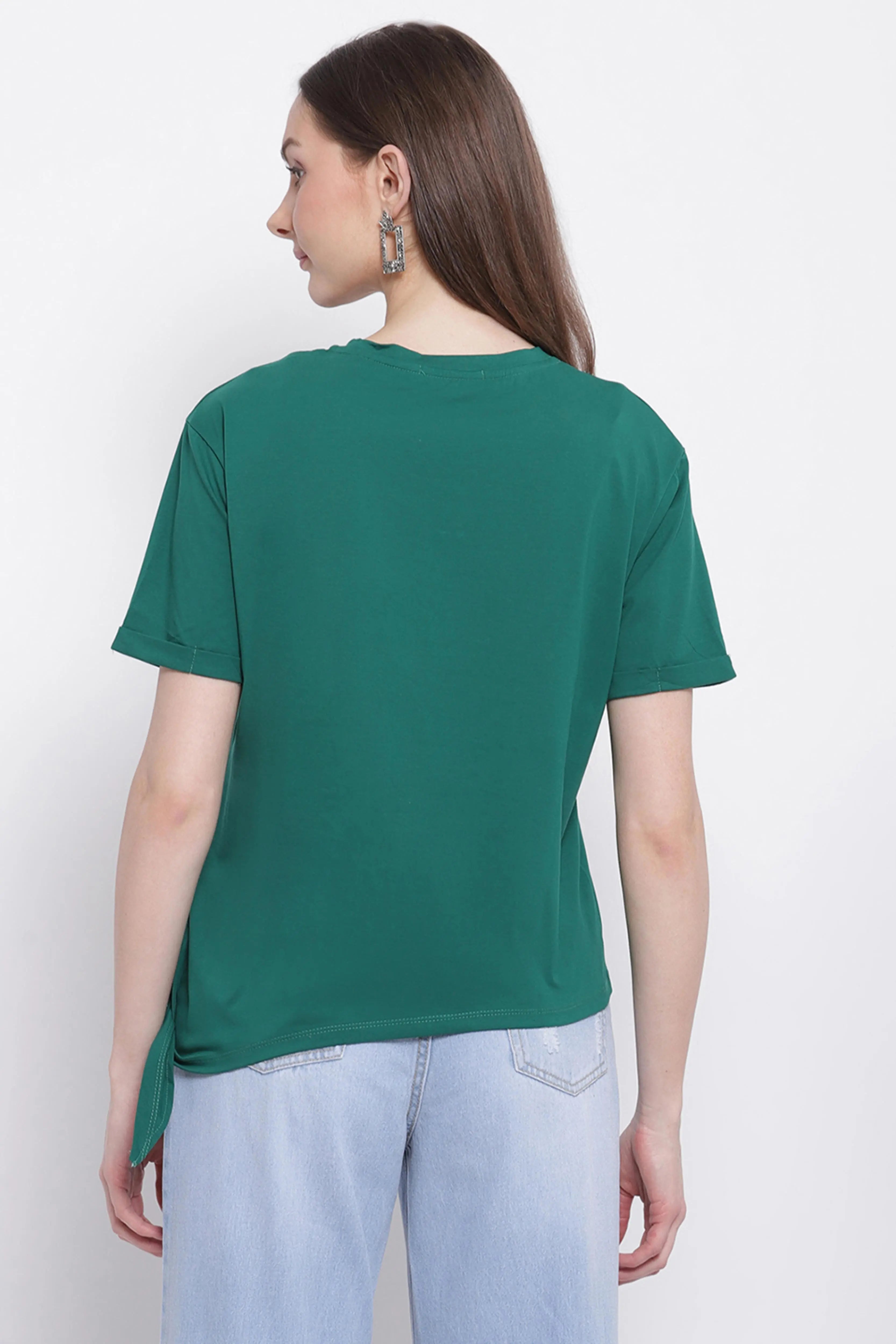 Women Green Printed Top with Knot Details at Hem