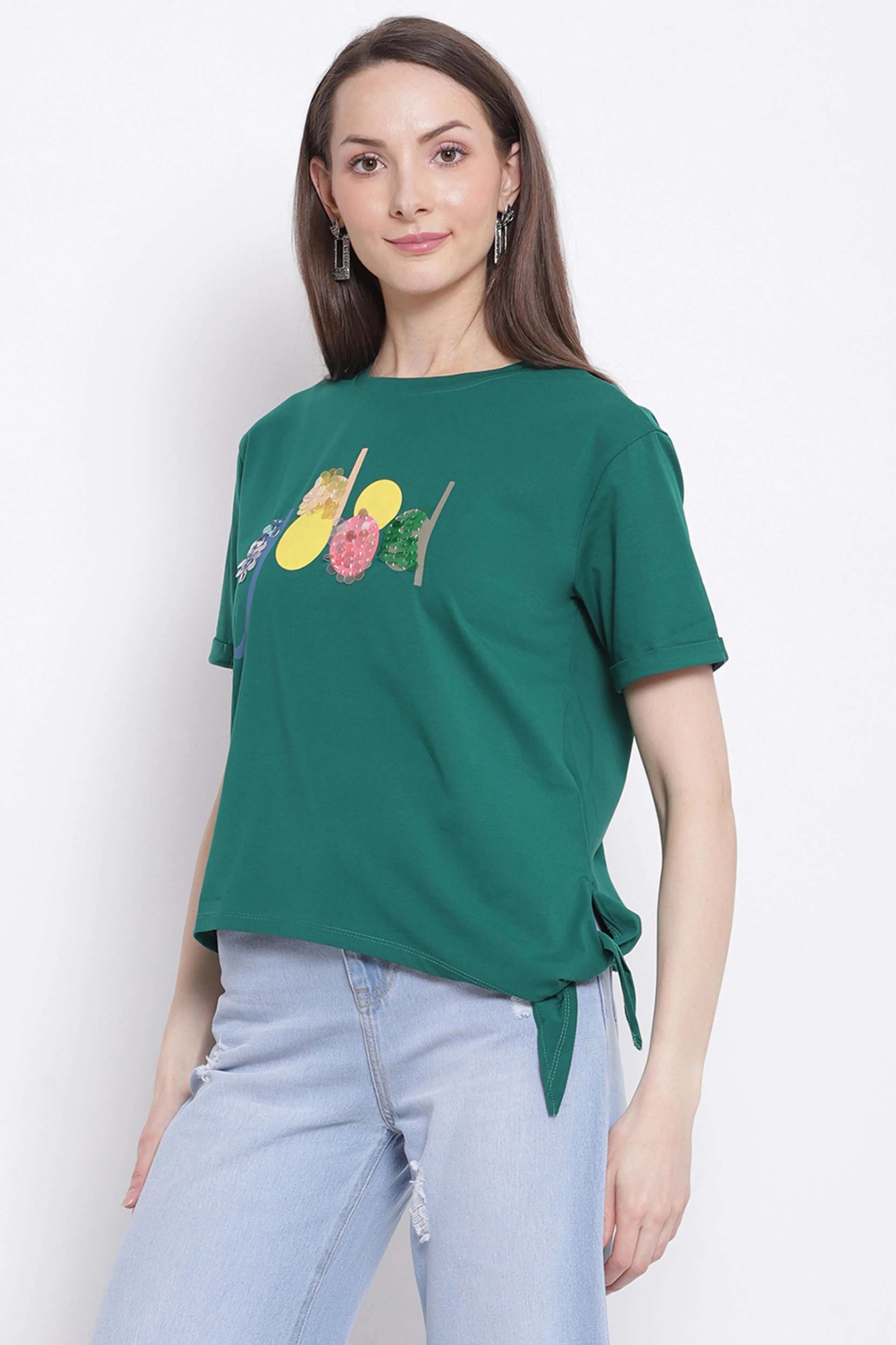 Women Green Printed Top with Knot Details at Hem
