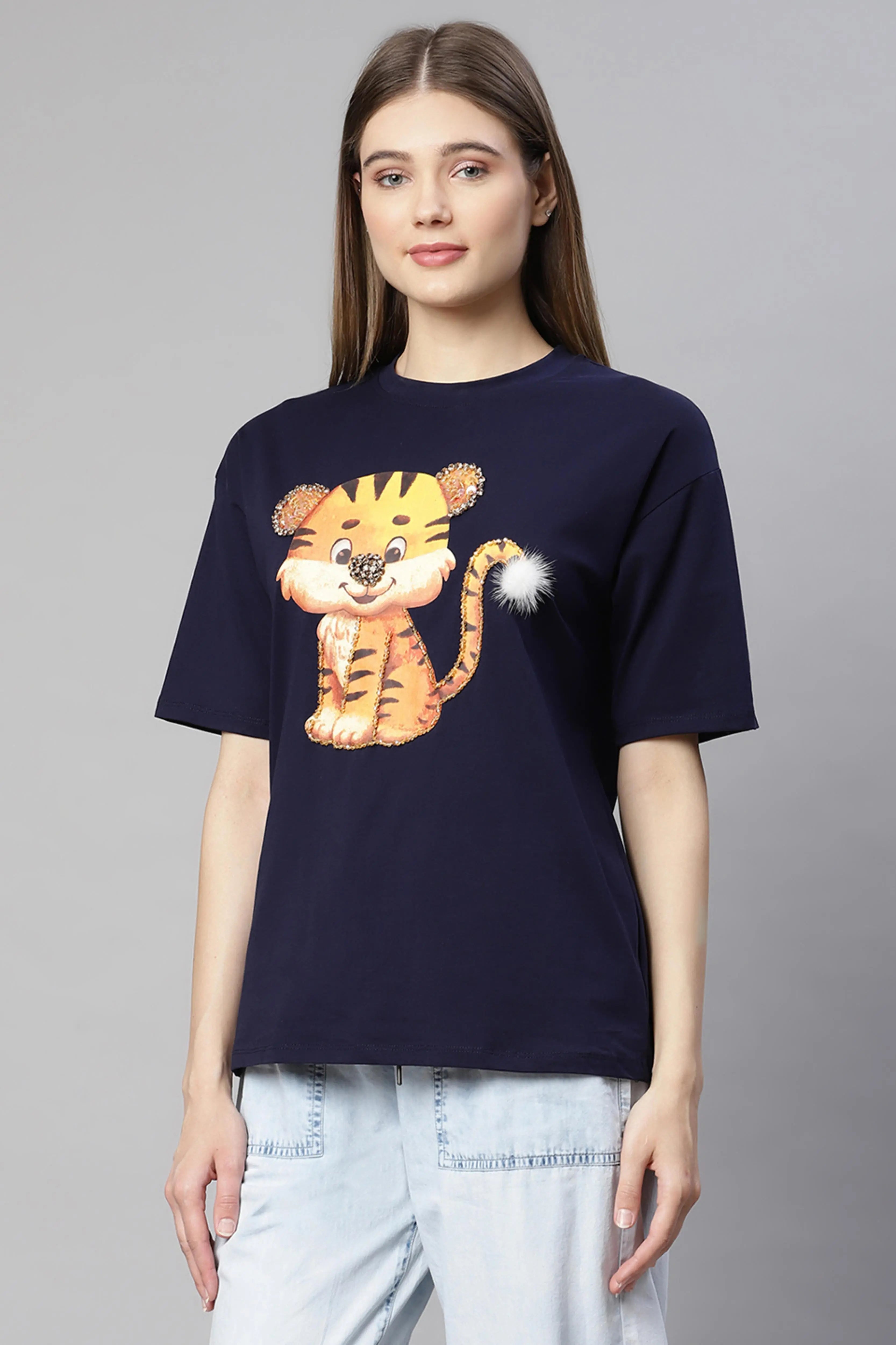 Women blue animation printed tee t-shirt
